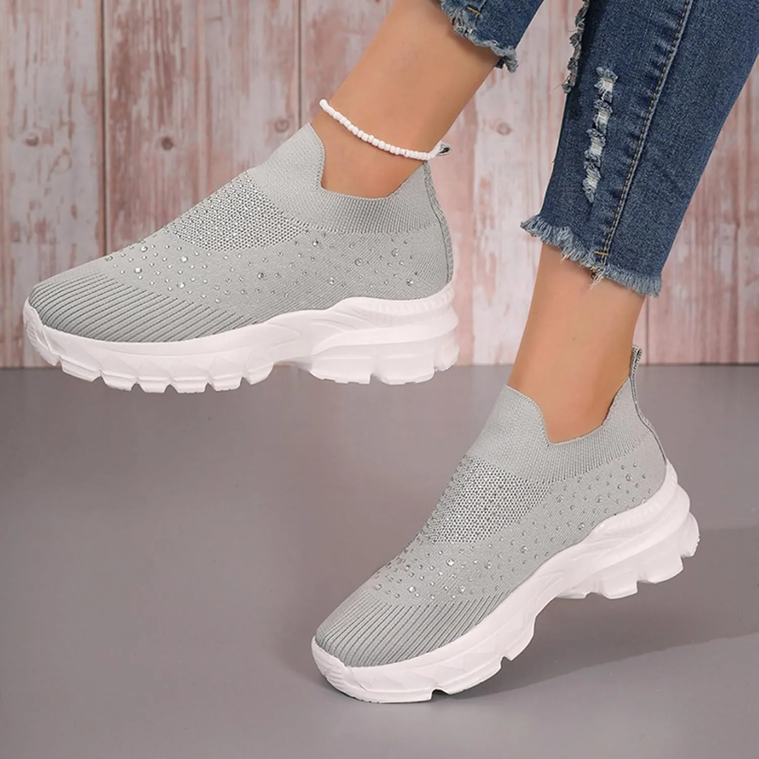 Crzidha Slip On Rhinestone Sneaker for Women Chunky Fashion Platform Sparkly Elastic Walking Shoes Breathable Mesh Glitter Ballroom Jazz Latin Dance Sock Sneakers Casual Lightweight Tennis Shoes