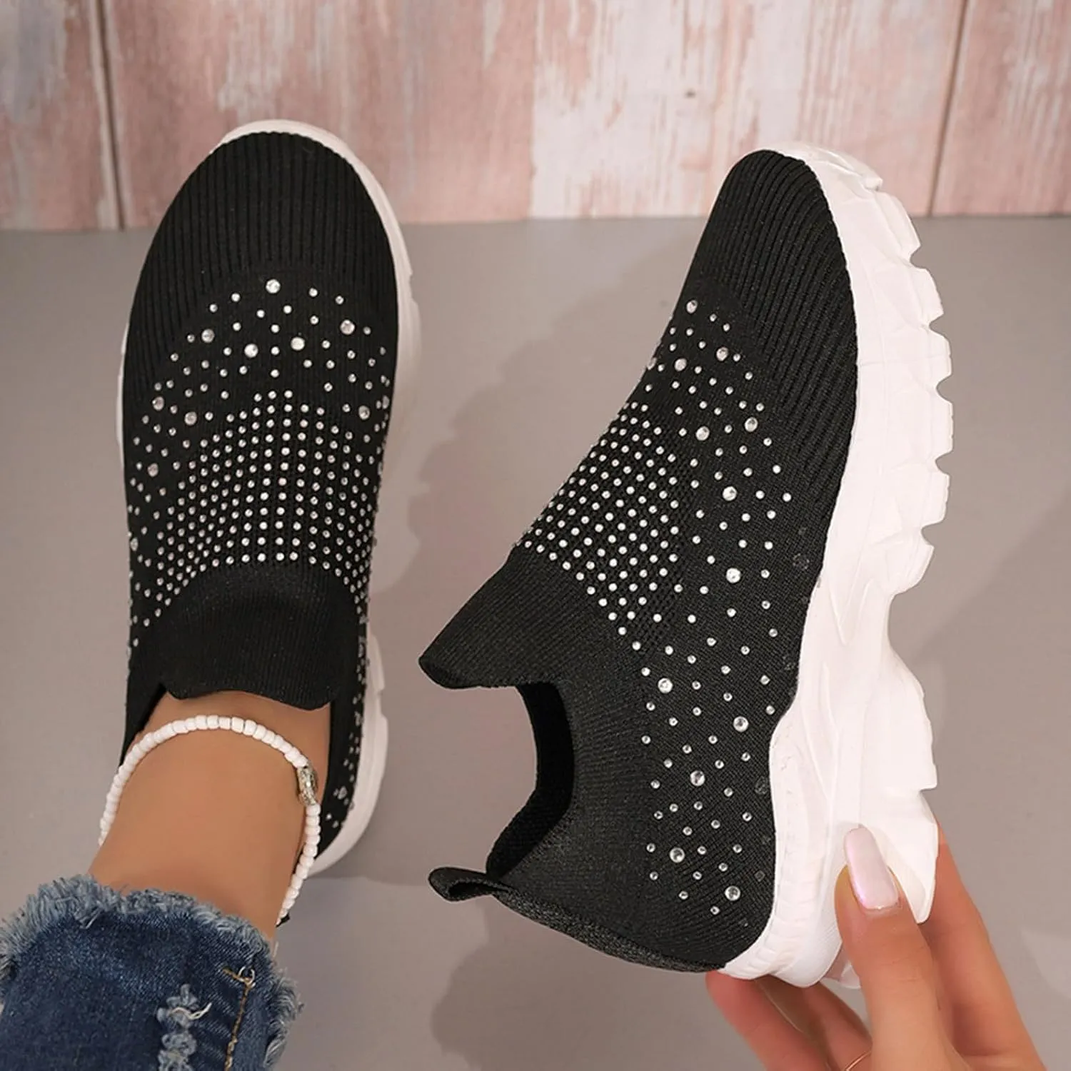 Crzidha Slip On Rhinestone Sneaker for Women Chunky Fashion Platform Sparkly Elastic Walking Shoes Breathable Mesh Glitter Ballroom Jazz Latin Dance Sock Sneakers Casual Lightweight Tennis Shoes