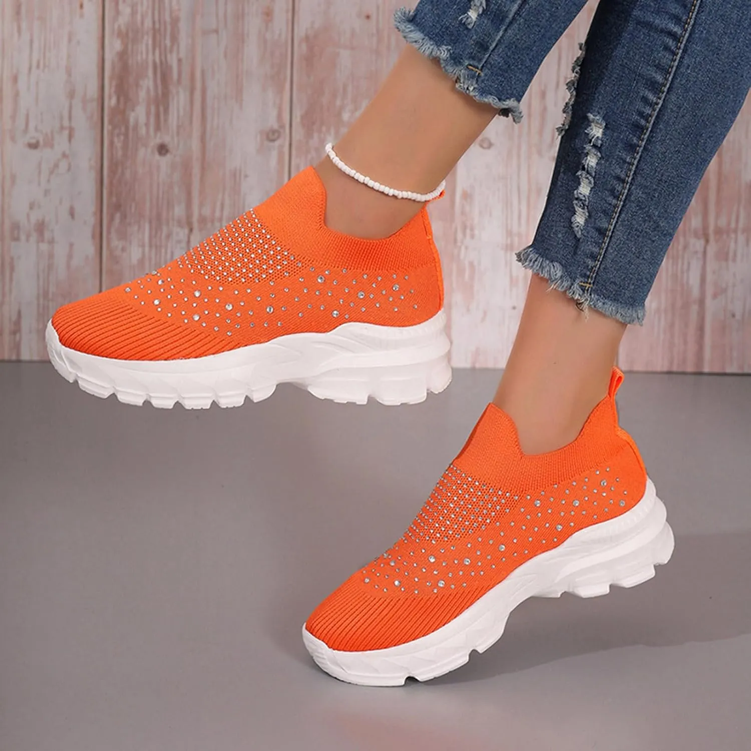 Crzidha Slip On Rhinestone Sneaker for Women Chunky Fashion Platform Sparkly Elastic Walking Shoes Breathable Mesh Glitter Ballroom Jazz Latin Dance Sock Sneakers Casual Lightweight Tennis Shoes