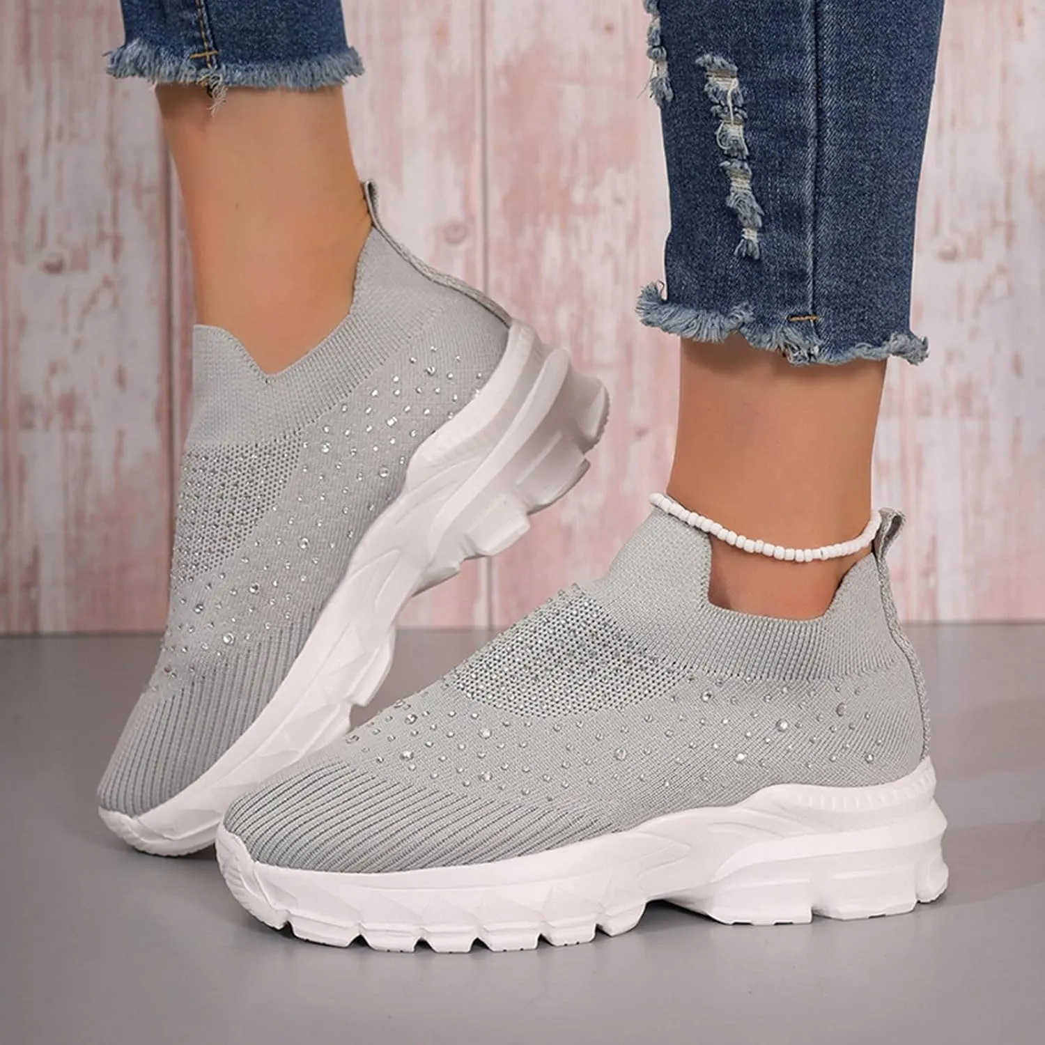 Crzidha Slip On Rhinestone Sneaker for Women Chunky Fashion Platform Sparkly Elastic Walking Shoes Breathable Mesh Glitter Ballroom Jazz Latin Dance Sock Sneakers Casual Lightweight Tennis Shoes