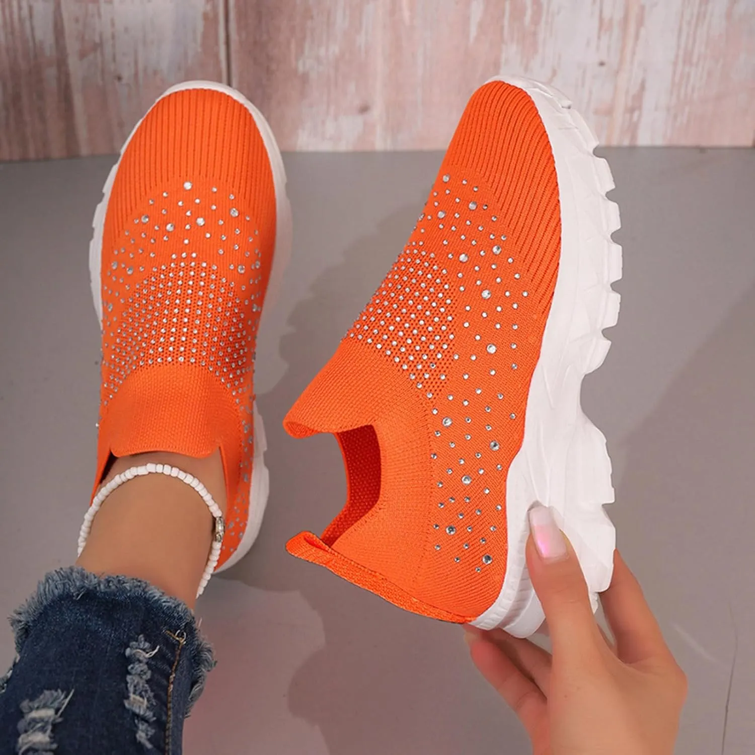 Crzidha Slip On Rhinestone Sneaker for Women Chunky Fashion Platform Sparkly Elastic Walking Shoes Breathable Mesh Glitter Ballroom Jazz Latin Dance Sock Sneakers Casual Lightweight Tennis Shoes