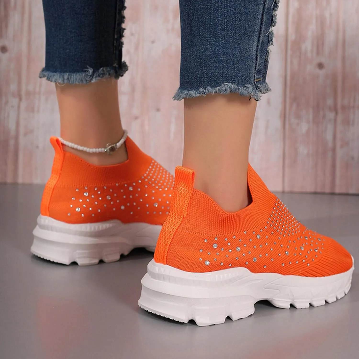 Crzidha Slip On Rhinestone Sneaker for Women Chunky Fashion Platform Sparkly Elastic Walking Shoes Breathable Mesh Glitter Ballroom Jazz Latin Dance Sock Sneakers Casual Lightweight Tennis Shoes