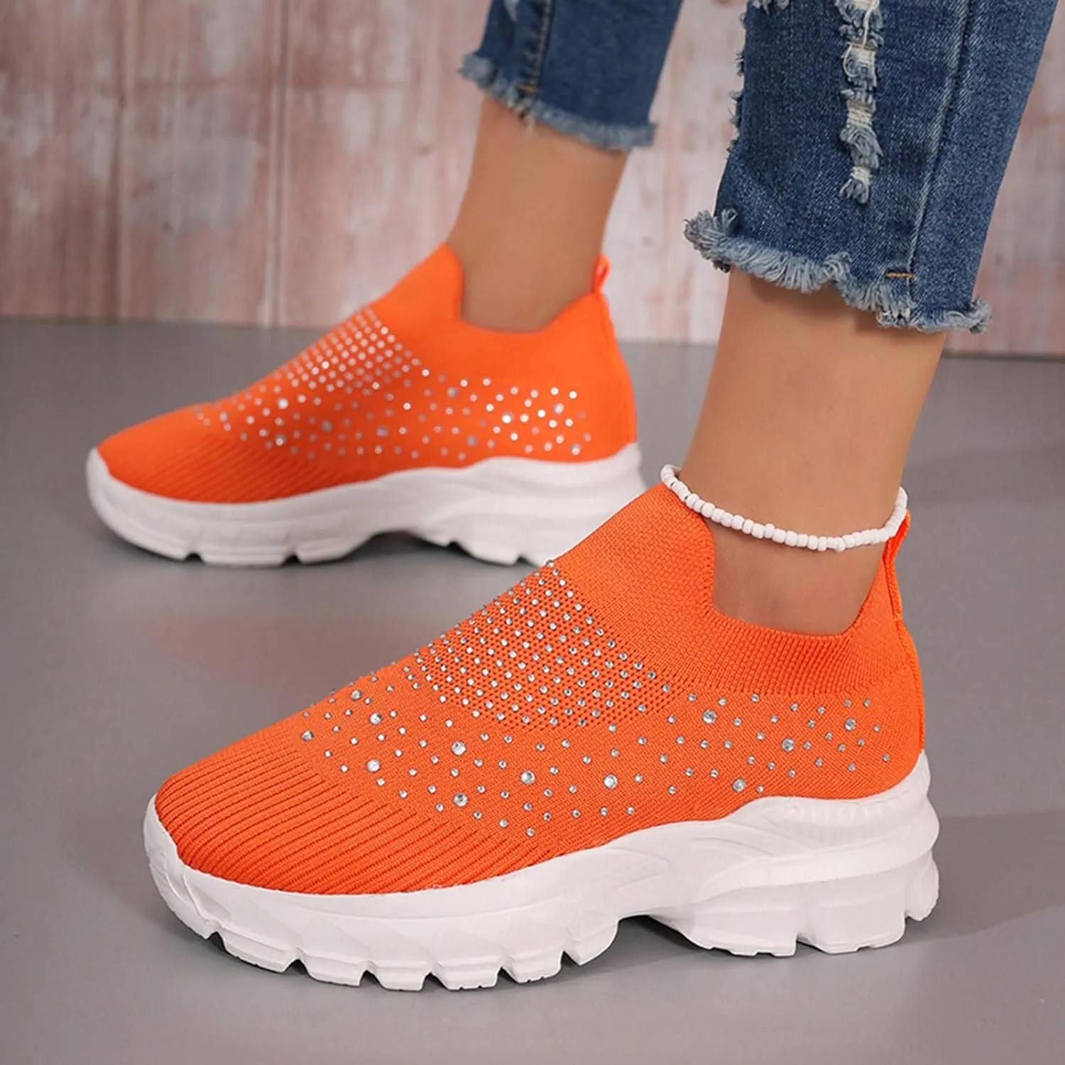Crzidha Slip On Rhinestone Sneaker for Women Chunky Fashion Platform Sparkly Elastic Walking Shoes Breathable Mesh Glitter Ballroom Jazz Latin Dance Sock Sneakers Casual Lightweight Tennis Shoes