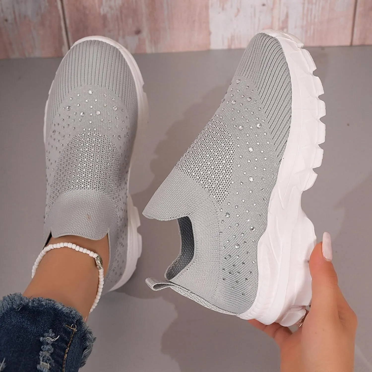 Crzidha Slip On Rhinestone Sneaker for Women Chunky Fashion Platform Sparkly Elastic Walking Shoes Breathable Mesh Glitter Ballroom Jazz Latin Dance Sock Sneakers Casual Lightweight Tennis Shoes