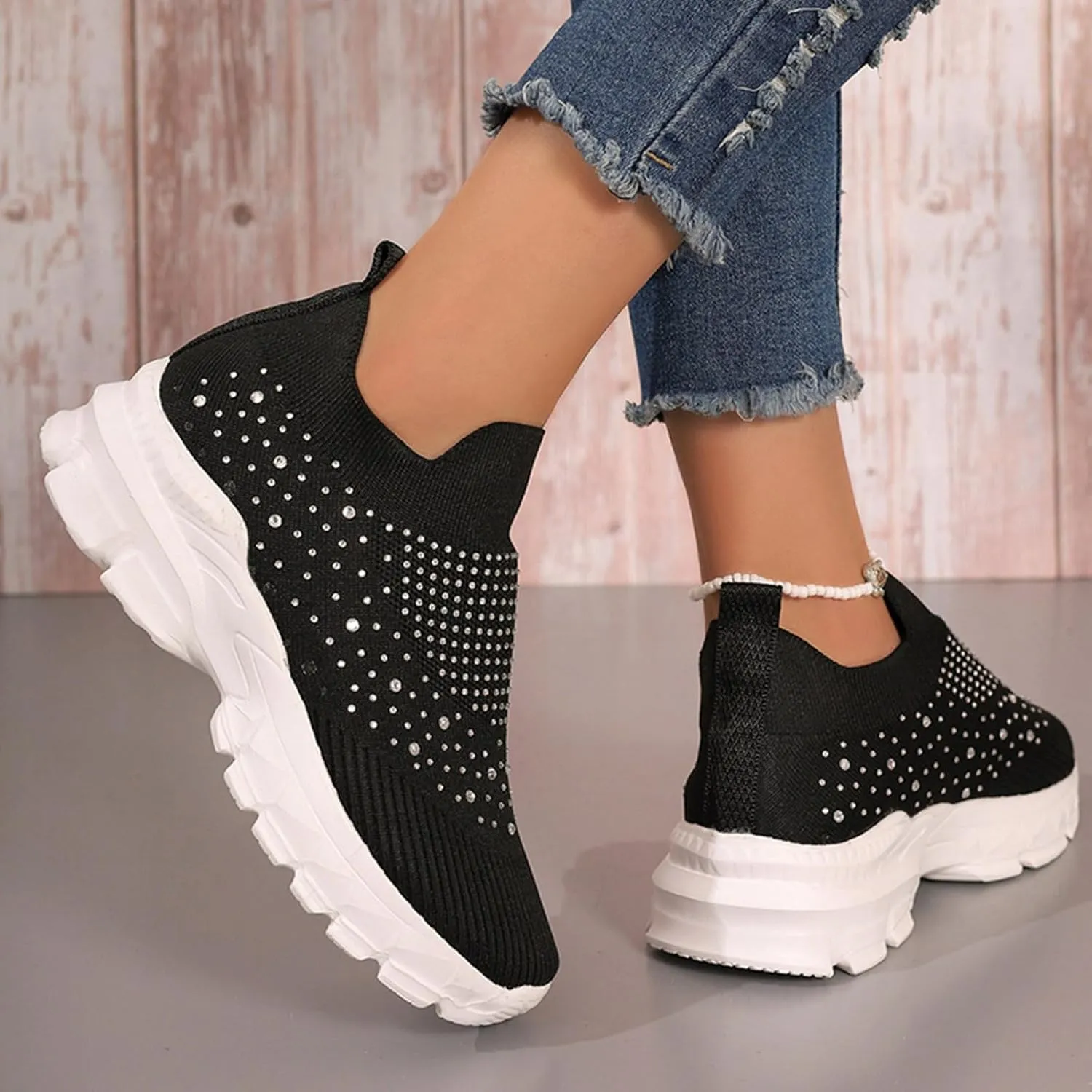 Crzidha Slip On Rhinestone Sneaker for Women Chunky Fashion Platform Sparkly Elastic Walking Shoes Breathable Mesh Glitter Ballroom Jazz Latin Dance Sock Sneakers Casual Lightweight Tennis Shoes