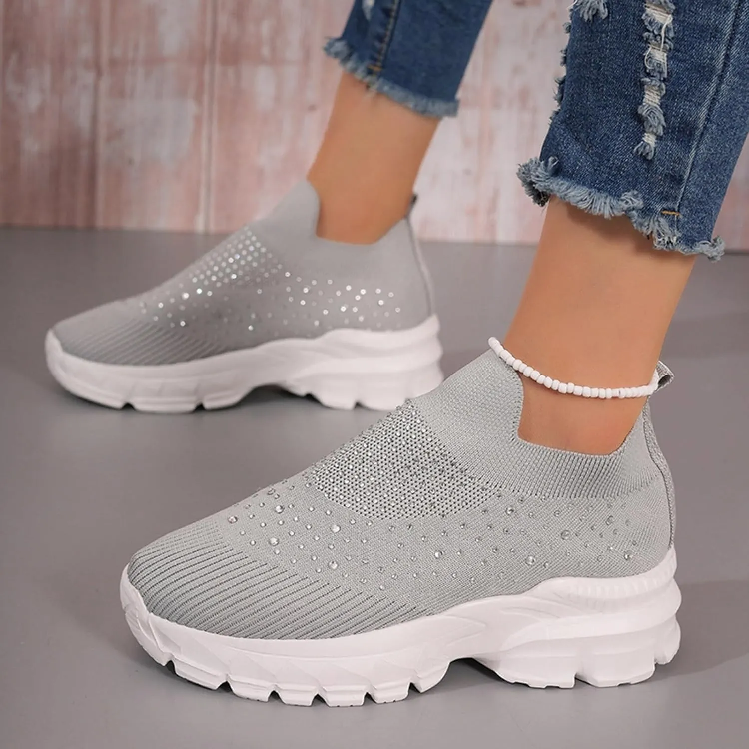 Crzidha Slip On Rhinestone Sneaker for Women Chunky Fashion Platform Sparkly Elastic Walking Shoes Breathable Mesh Glitter Ballroom Jazz Latin Dance Sock Sneakers Casual Lightweight Tennis Shoes