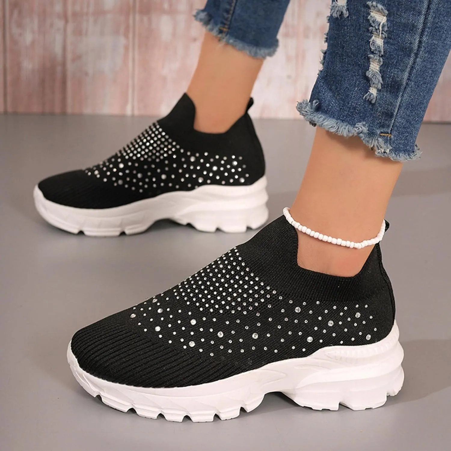 Crzidha Slip On Rhinestone Sneaker for Women Chunky Fashion Platform Sparkly Elastic Walking Shoes Breathable Mesh Glitter Ballroom Jazz Latin Dance Sock Sneakers Casual Lightweight Tennis Shoes