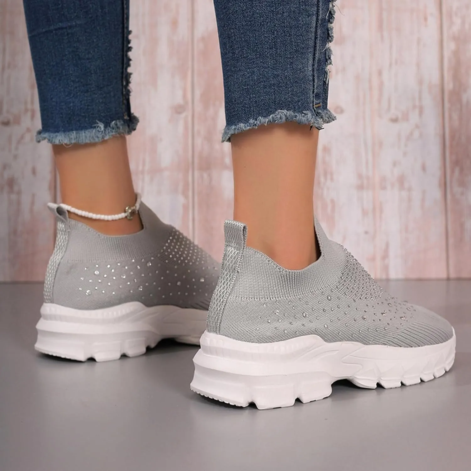 Crzidha Slip On Rhinestone Sneaker for Women Chunky Fashion Platform Sparkly Elastic Walking Shoes Breathable Mesh Glitter Ballroom Jazz Latin Dance Sock Sneakers Casual Lightweight Tennis Shoes