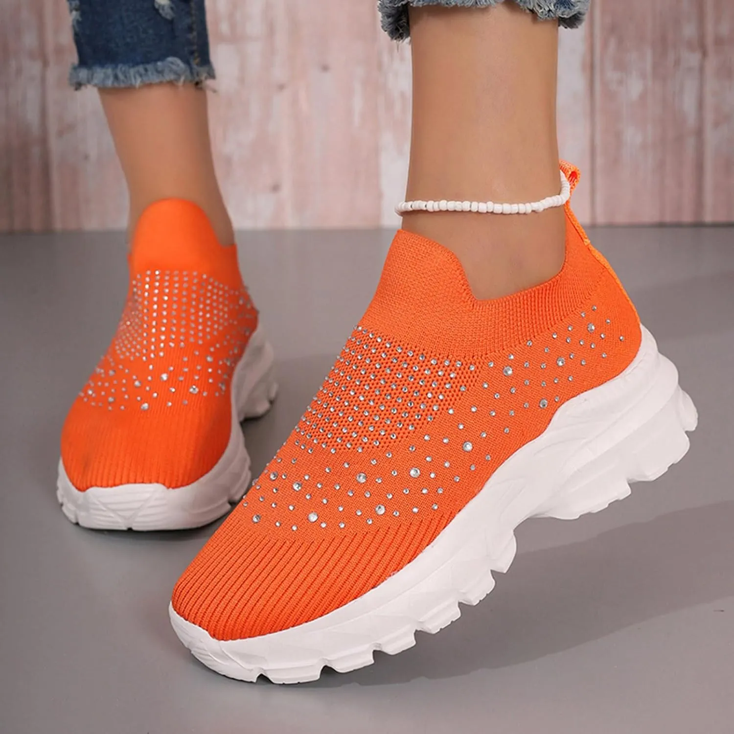 Crzidha Slip On Rhinestone Sneaker for Women Chunky Fashion Platform Sparkly Elastic Walking Shoes Breathable Mesh Glitter Ballroom Jazz Latin Dance Sock Sneakers Casual Lightweight Tennis Shoes