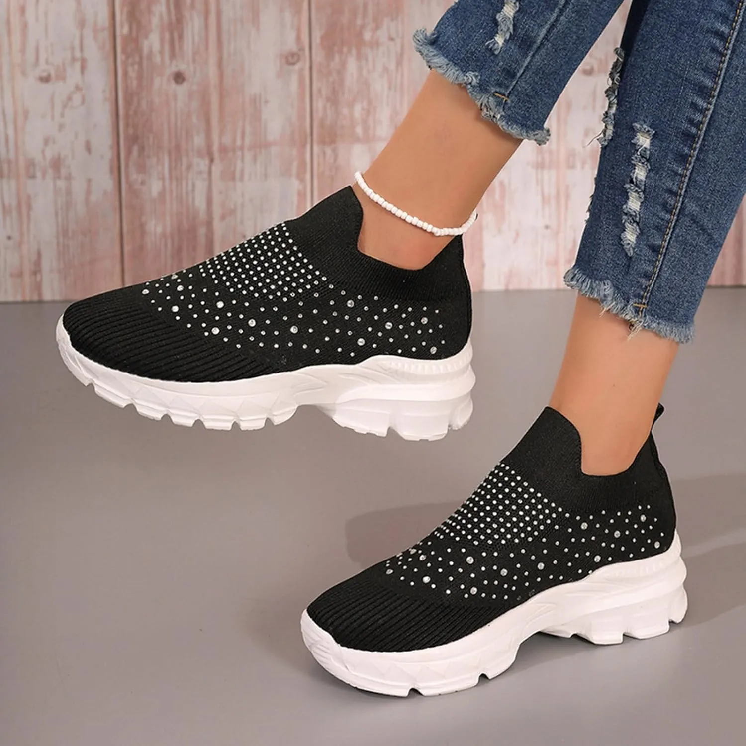 Crzidha Slip On Rhinestone Sneaker for Women Chunky Fashion Platform Sparkly Elastic Walking Shoes Breathable Mesh Glitter Ballroom Jazz Latin Dance Sock Sneakers Casual Lightweight Tennis Shoes