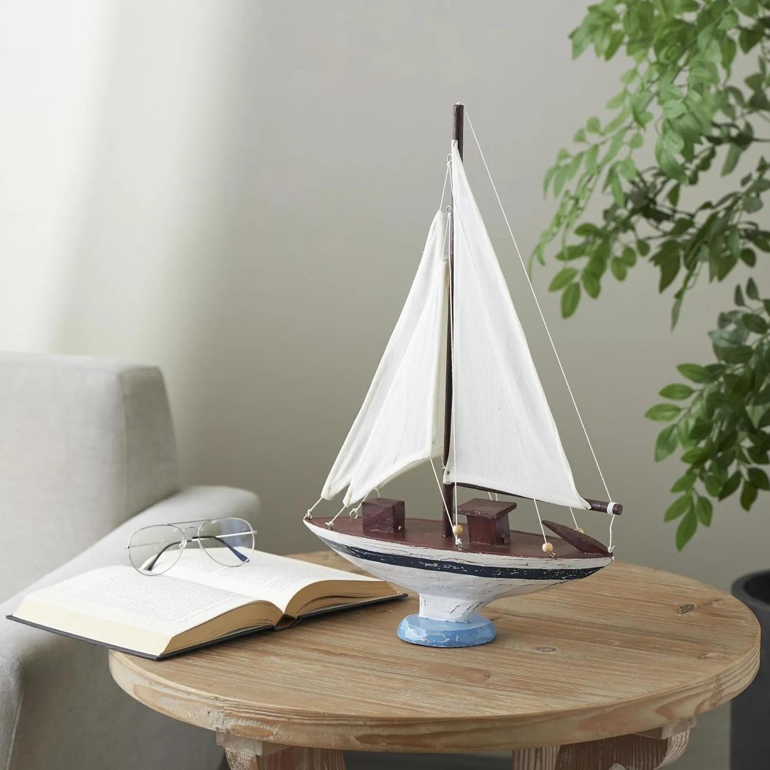Deco 79 Wood Sail Boat Decorative Sculpture Distressed Home Decor Statue with Brown Wood and Beaded Accents, Accent Figurine 14" x 4" x 21", White