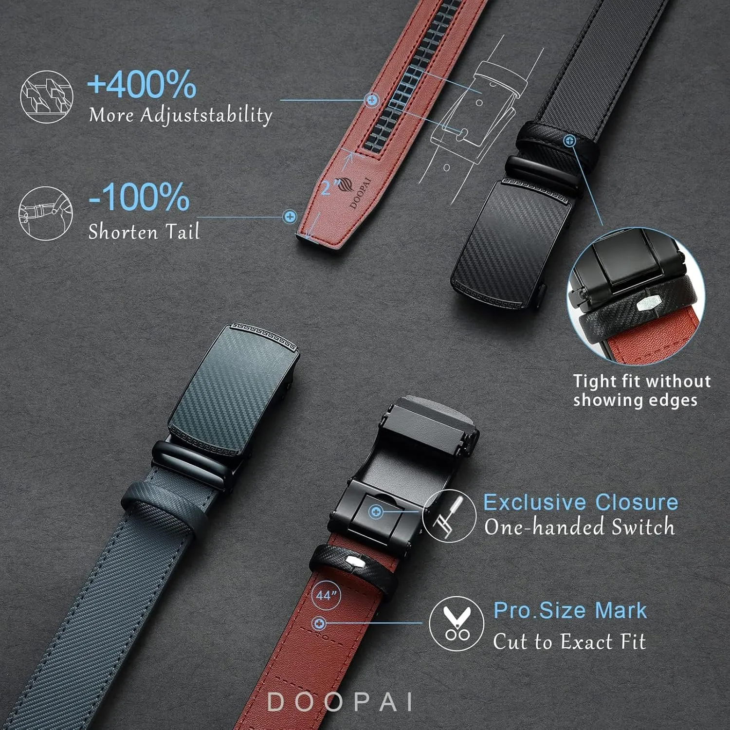 DOOPAI Men's 2 Pack Ratchet Dress Belt - Adjustable 1 3/8" Genuine Leather, Size Length Can Be Cut, With Gift Box