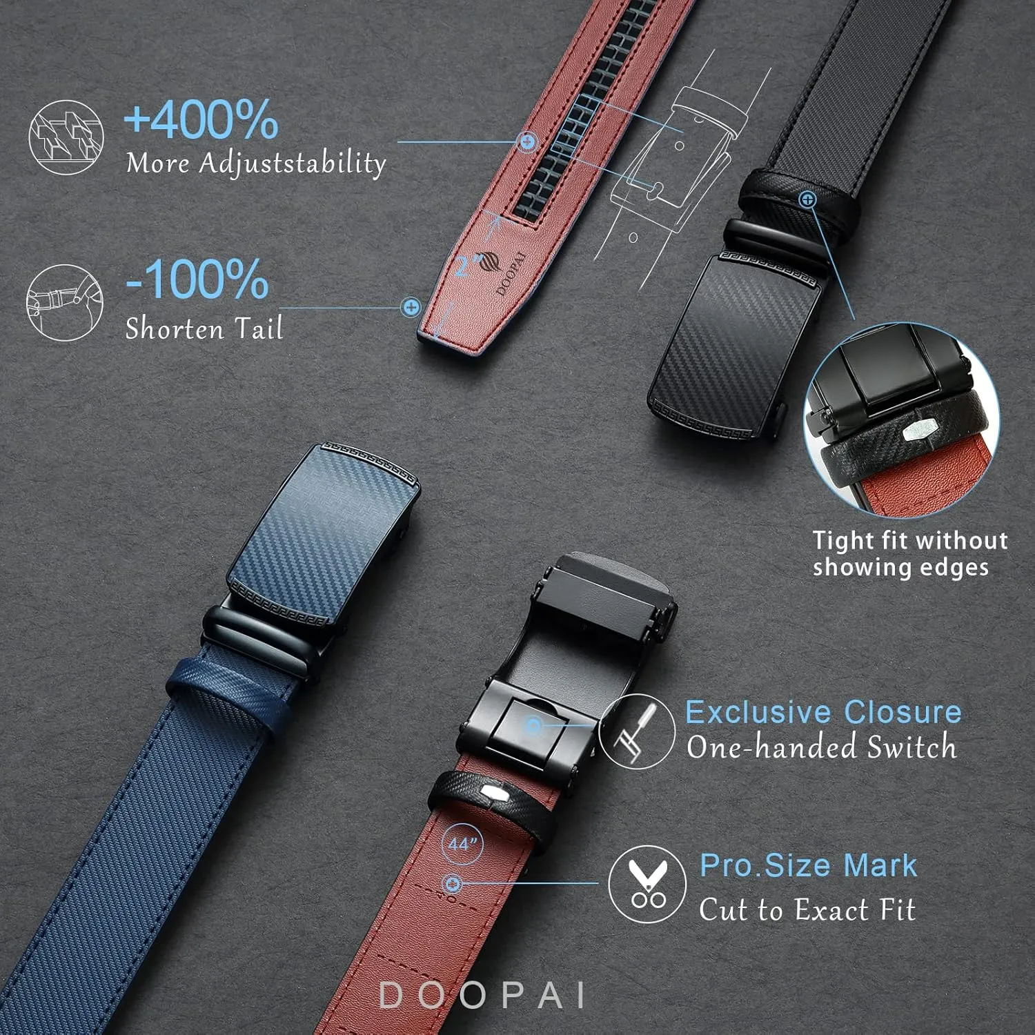 DOOPAI Men's 2 Pack Ratchet Dress Belt - Adjustable 1 3/8" Genuine Leather, Size Length Can Be Cut, With Gift Box