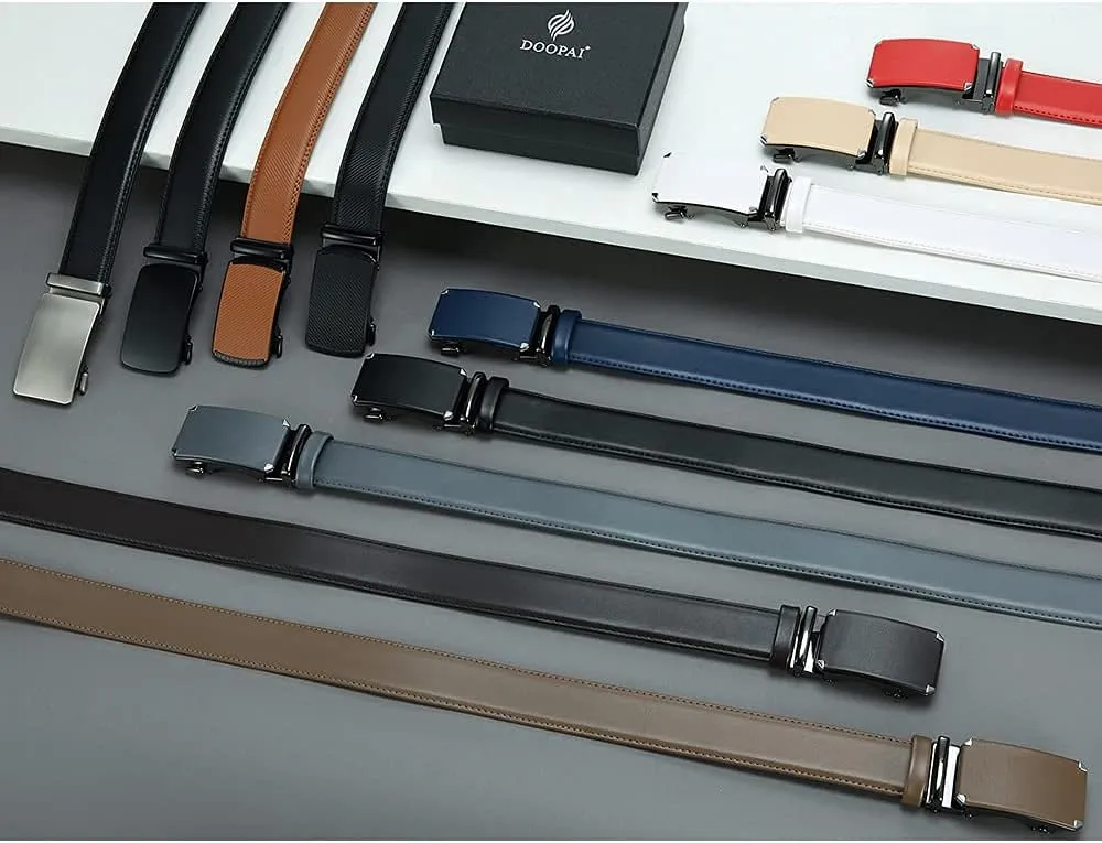 DOOPAI Men's 2 Pack Ratchet Dress Belt - Adjustable 1 3/8" Genuine Leather, Size Length Can Be Cut, With Gift Box