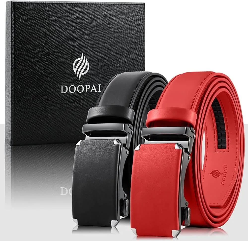 DOOPAI Men's 2 Pack Ratchet Dress Belt - Adjustable 1 3/8" Genuine Leather, Size Length Can Be Cut, With Gift Box