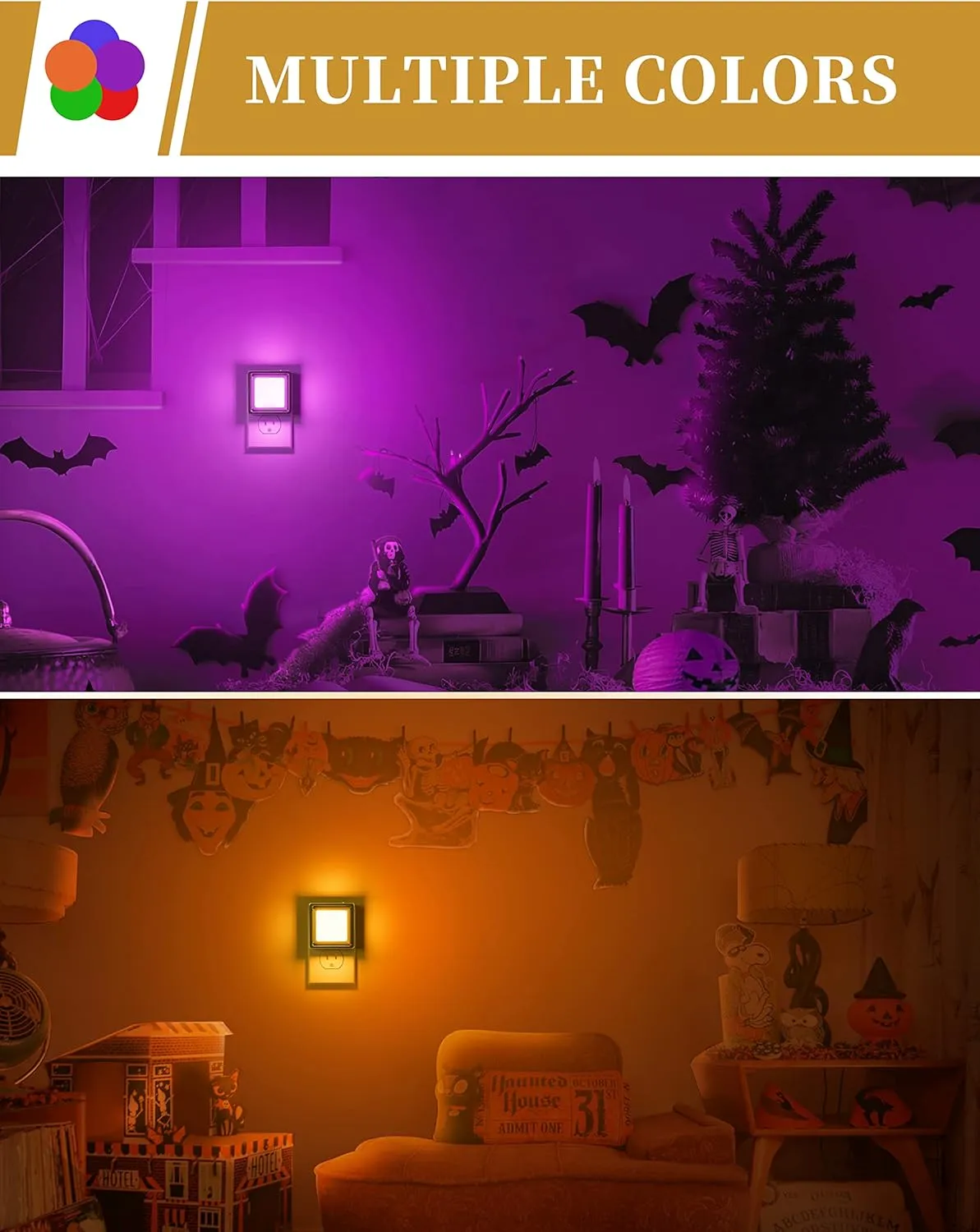 DORESshop Purple Night Lights [2 Pack], Dusk to Dawn Sensor, Adjustable Brightness, Bedroom, Bathroom, Hallway, Stairs, Halloween, Party