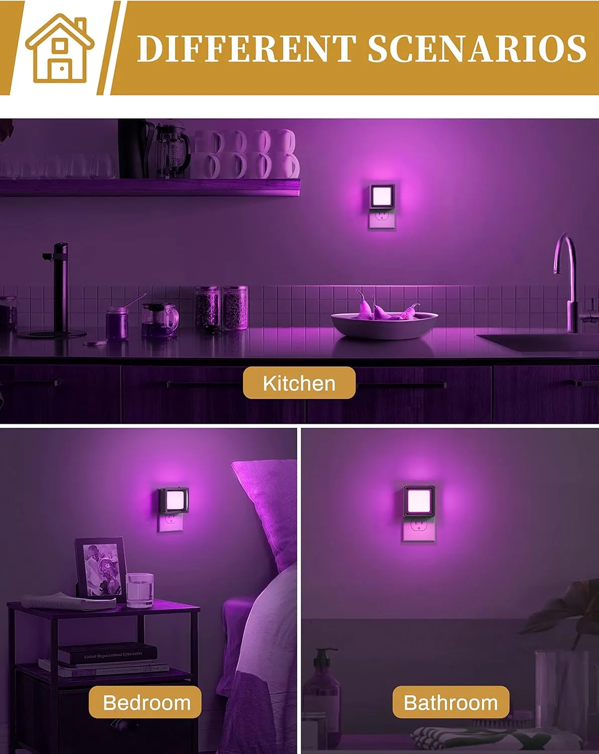 DORESshop Purple Night Lights [2 Pack], Dusk to Dawn Sensor, Adjustable Brightness, Bedroom, Bathroom, Hallway, Stairs, Halloween, Party