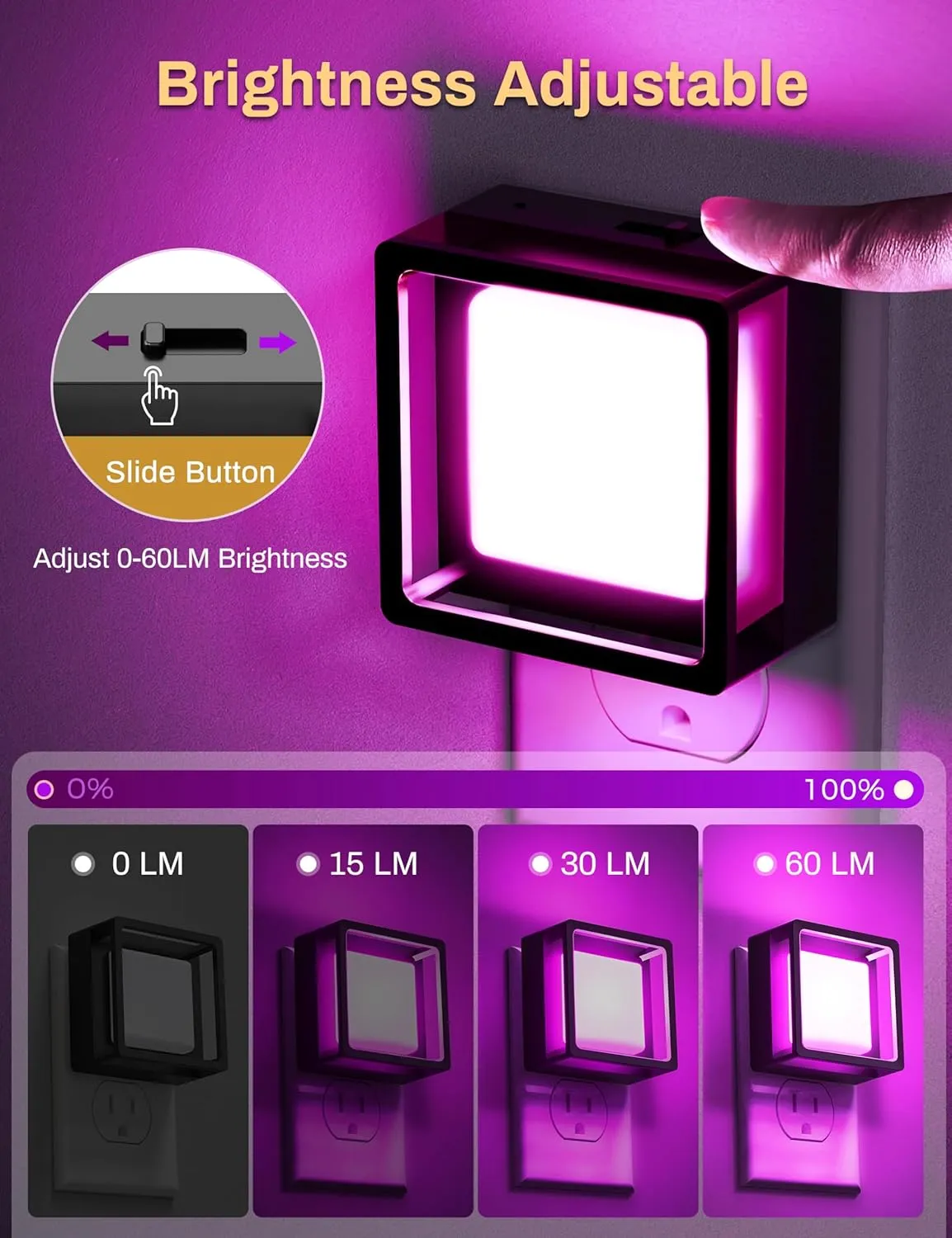 DORESshop Purple Night Lights [2 Pack], Dusk to Dawn Sensor, Adjustable Brightness, Bedroom, Bathroom, Hallway, Stairs, Halloween, Party