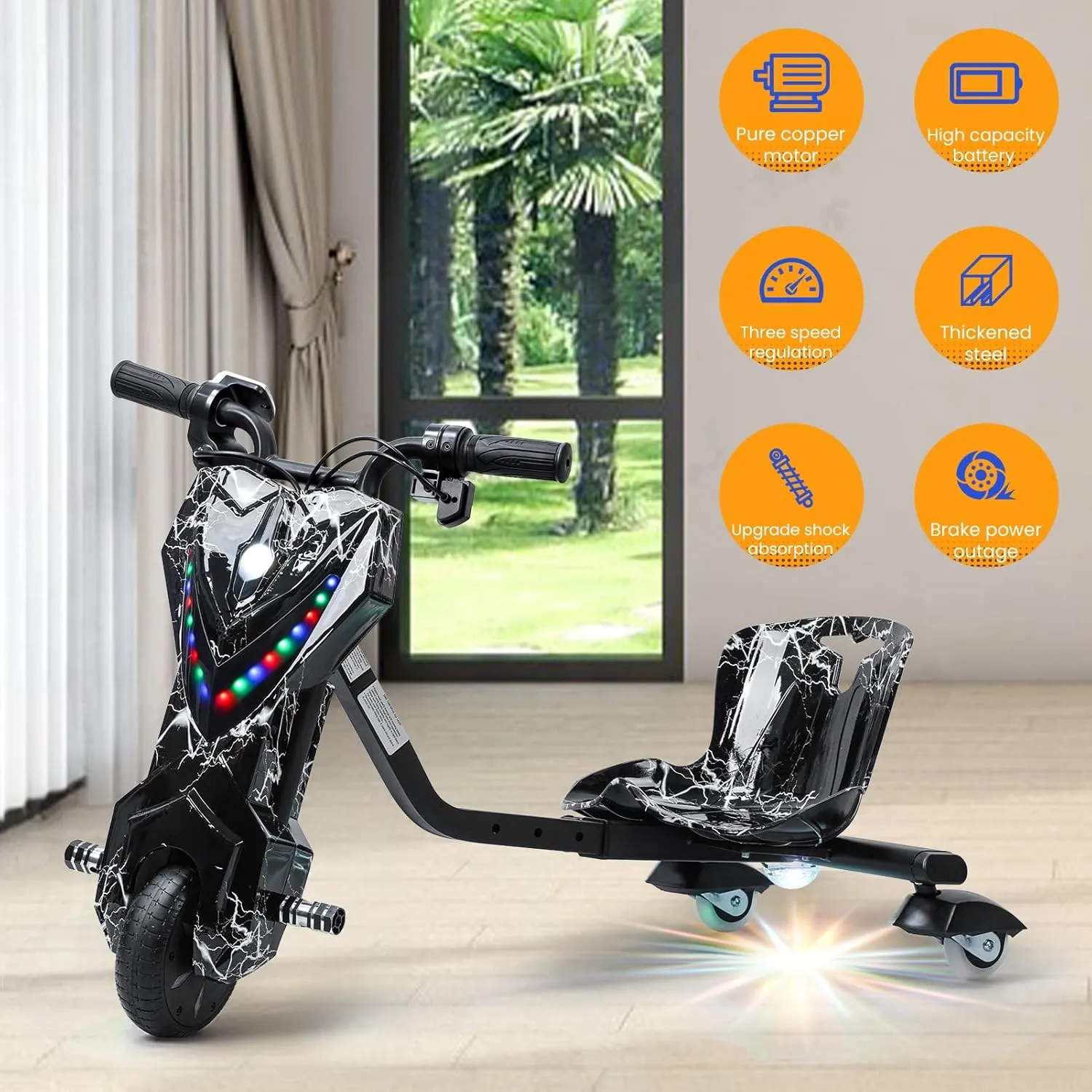Drift Trike, Big Wheel for Kids Ages 8  Trike, Triad Drift Trike, 12v Ride on Drift Car with 360° Drift, Kids Electric Tricycle with Strong Steel Frame, Adjustable Seat for Boys Girls Black