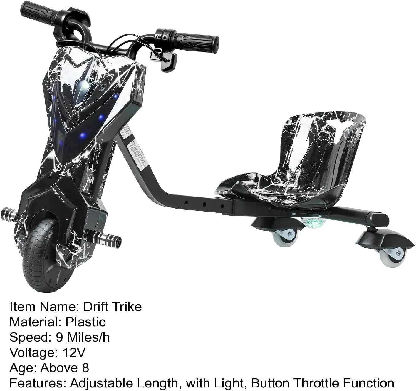 Drift Trike, Big Wheel for Kids Ages 8  Trike, Triad Drift Trike, 12v Ride on Drift Car with 360° Drift, Kids Electric Tricycle with Strong Steel Frame, Adjustable Seat for Boys Girls Black