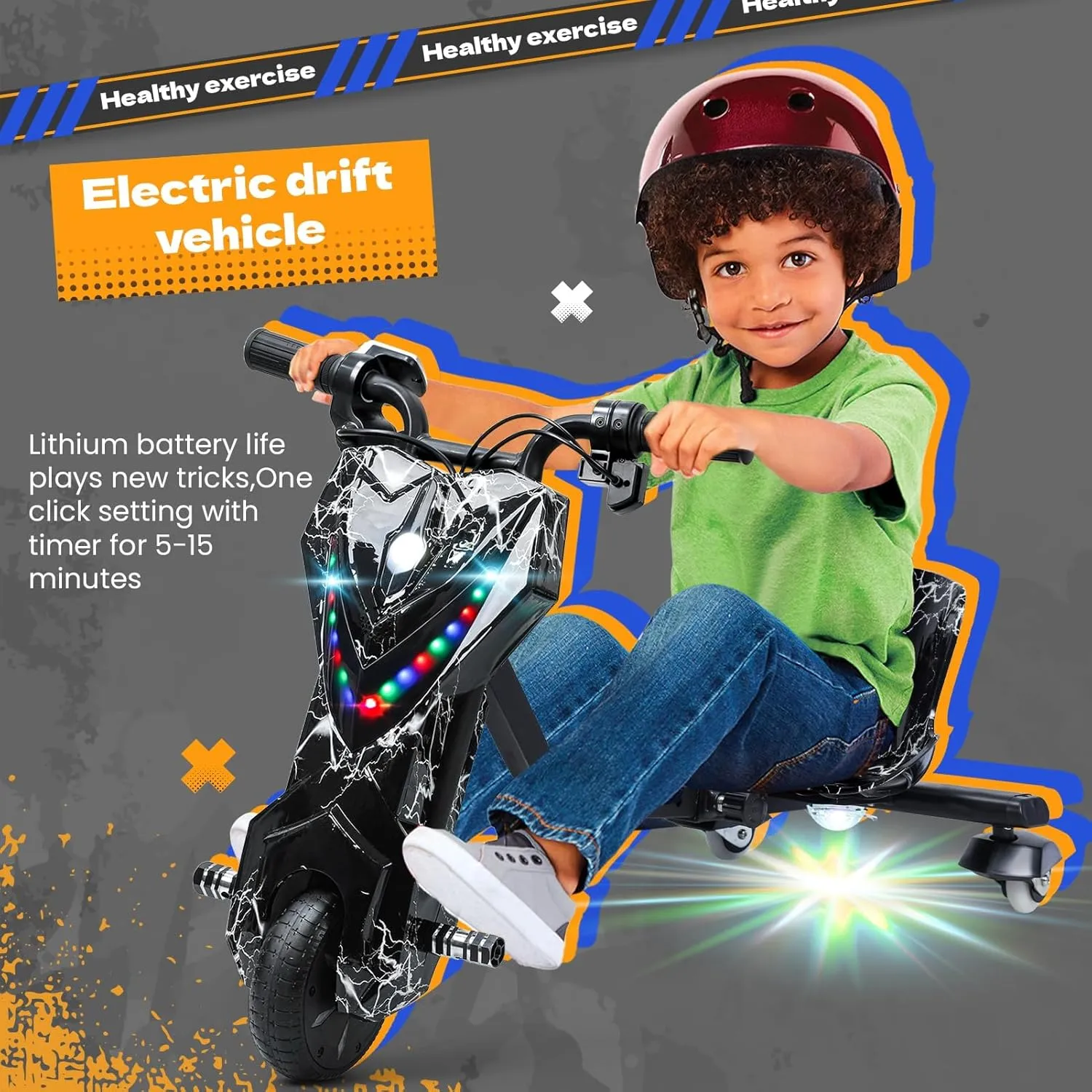 Drift Trike, Big Wheel for Kids Ages 8  Trike, Triad Drift Trike, 12v Ride on Drift Car with 360° Drift, Kids Electric Tricycle with Strong Steel Frame, Adjustable Seat for Boys Girls Black