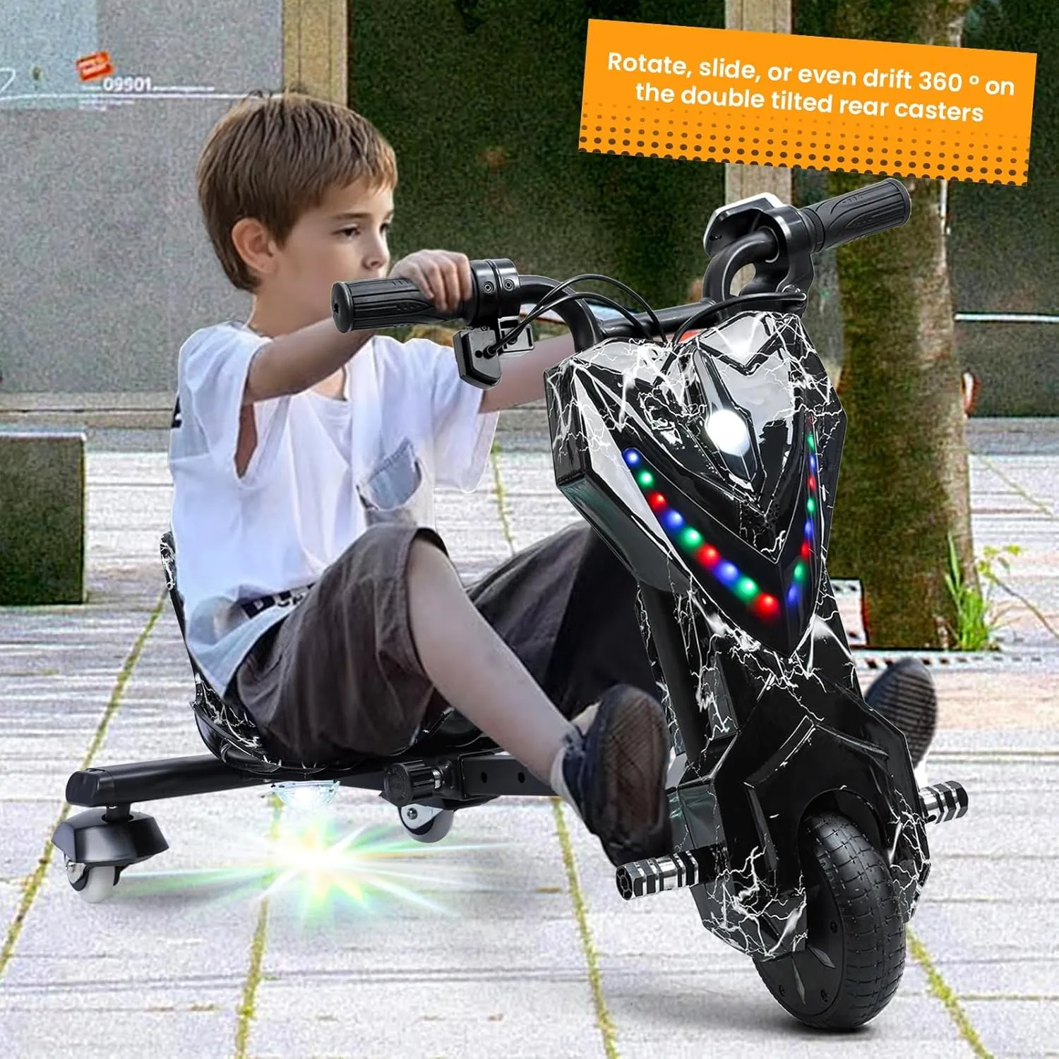 Drift Trike, Big Wheel for Kids Ages 8  Trike, Triad Drift Trike, 12v Ride on Drift Car with 360° Drift, Kids Electric Tricycle with Strong Steel Frame, Adjustable Seat for Boys Girls Black