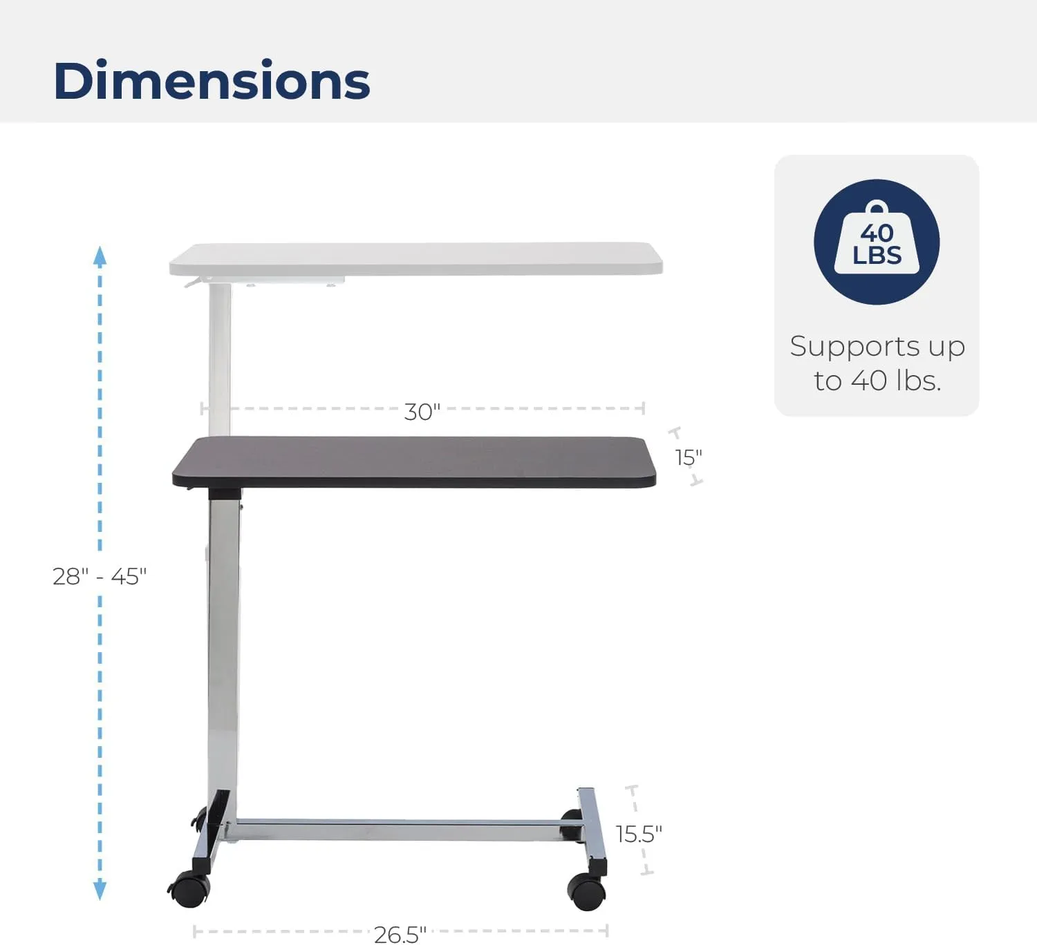 Drive Medical 13003 Non Tilt Top Overbed Table with Wheels, Chrome