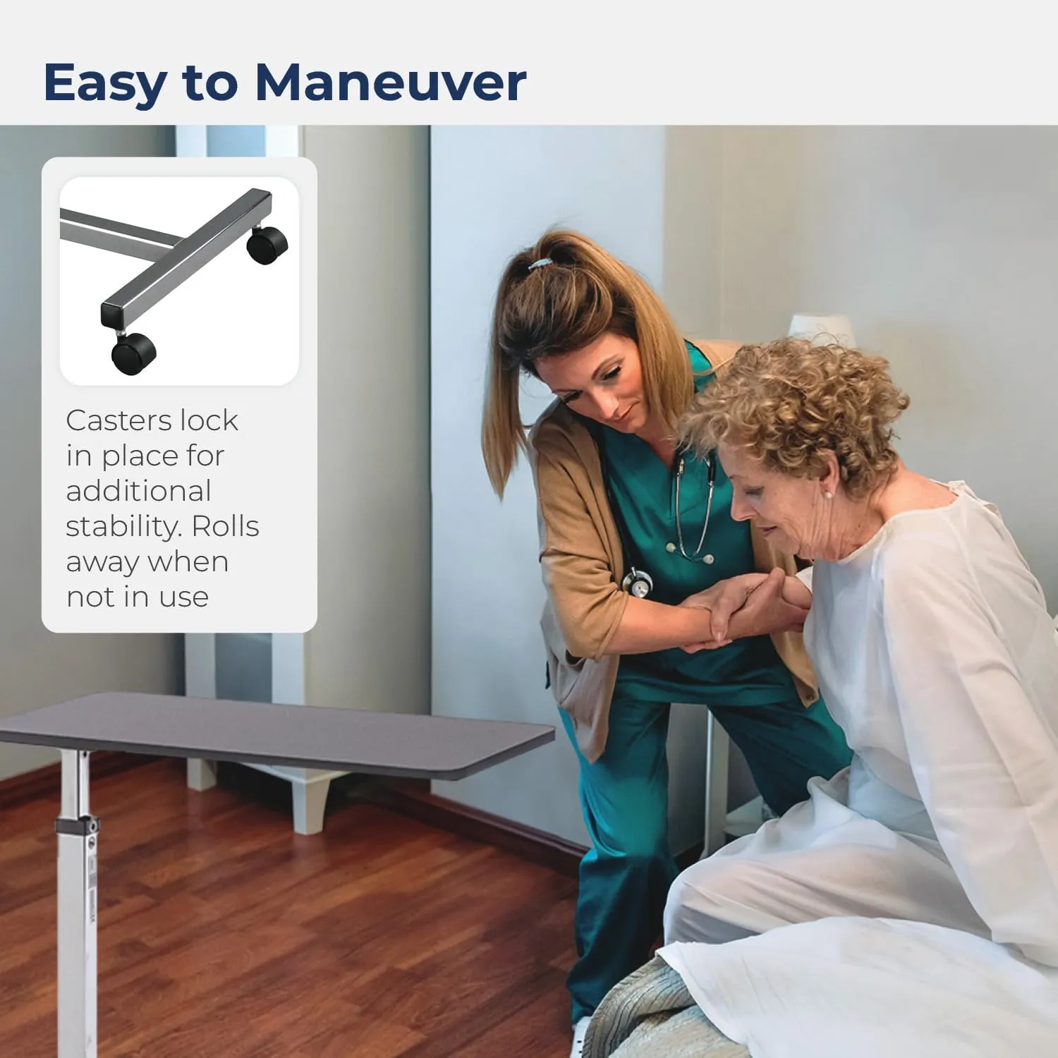 Drive Medical 13003 Non Tilt Top Overbed Table with Wheels, Chrome