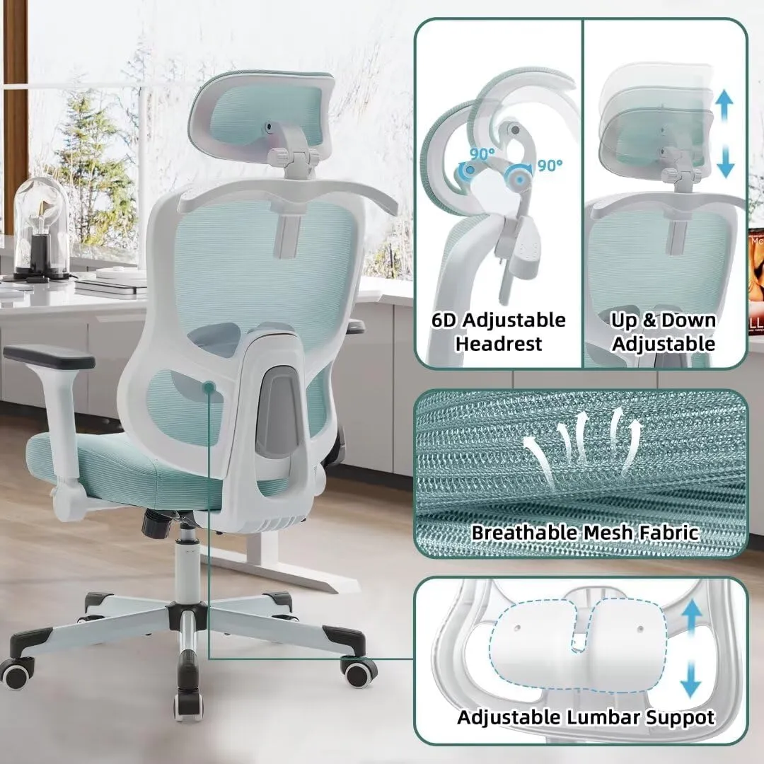 Ergonomic Office Chair Big Tall Reclining Gaming Chair Adjustable Lumbar Support 6D Armrest 6D Headrest Breathable Mesh Swivel Computer Chairs Home Task Desk Chair Wheels Coat Hanger Tilt Lock Blue