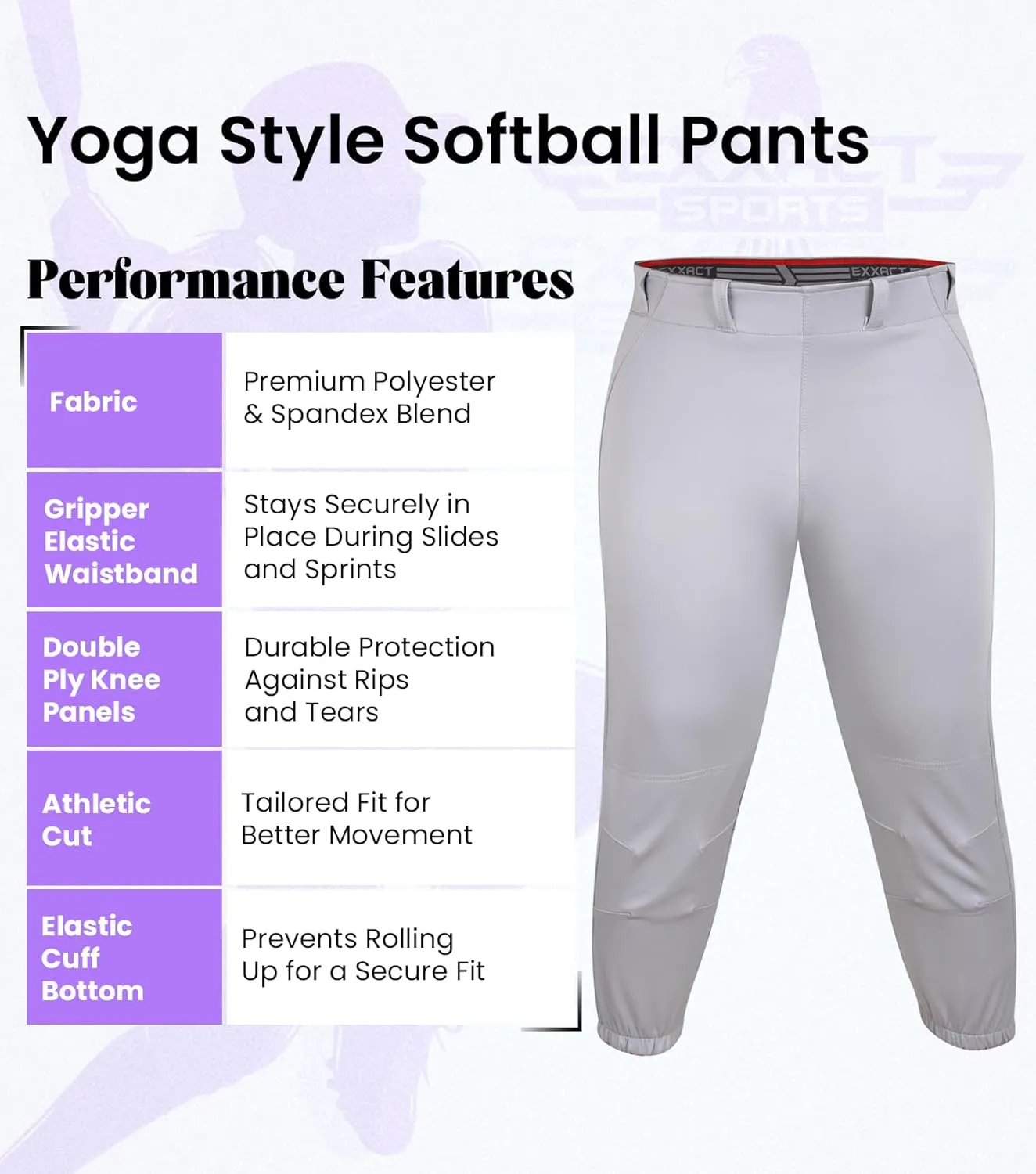 Exxact Sports Womens Softball Pants Knicker/Yoga Style Knee Length, 4-Way Stretch Low Rise Softball Pants for Women