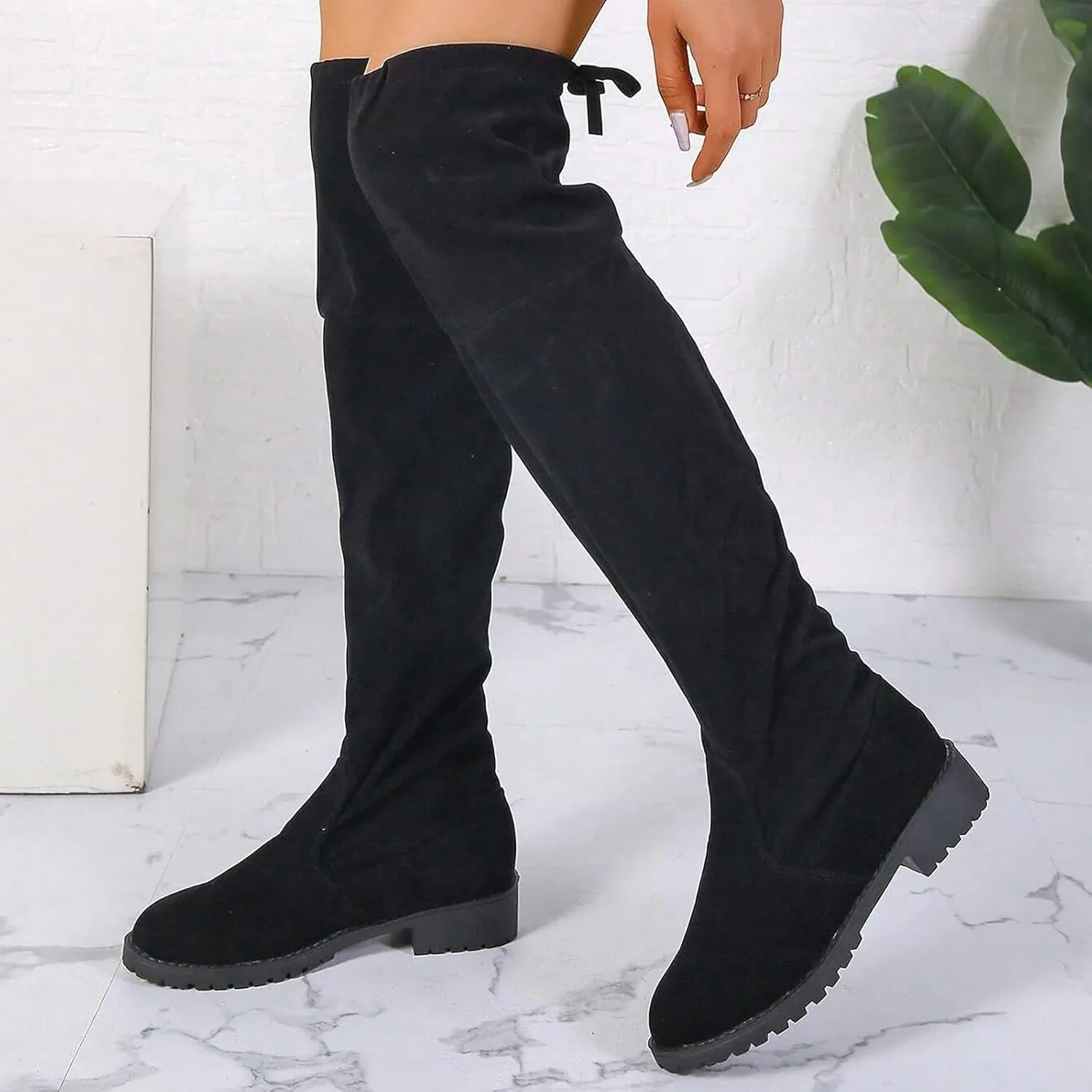 fabalshop Women's Thigh High Boots Over-The-Knee Boots Stretchy Knit Round Toe Knee High Boots Black Stretch Suede Mid Chunky Heel Platform Boots Wide Calf Fashion Long Fall Winter Boots