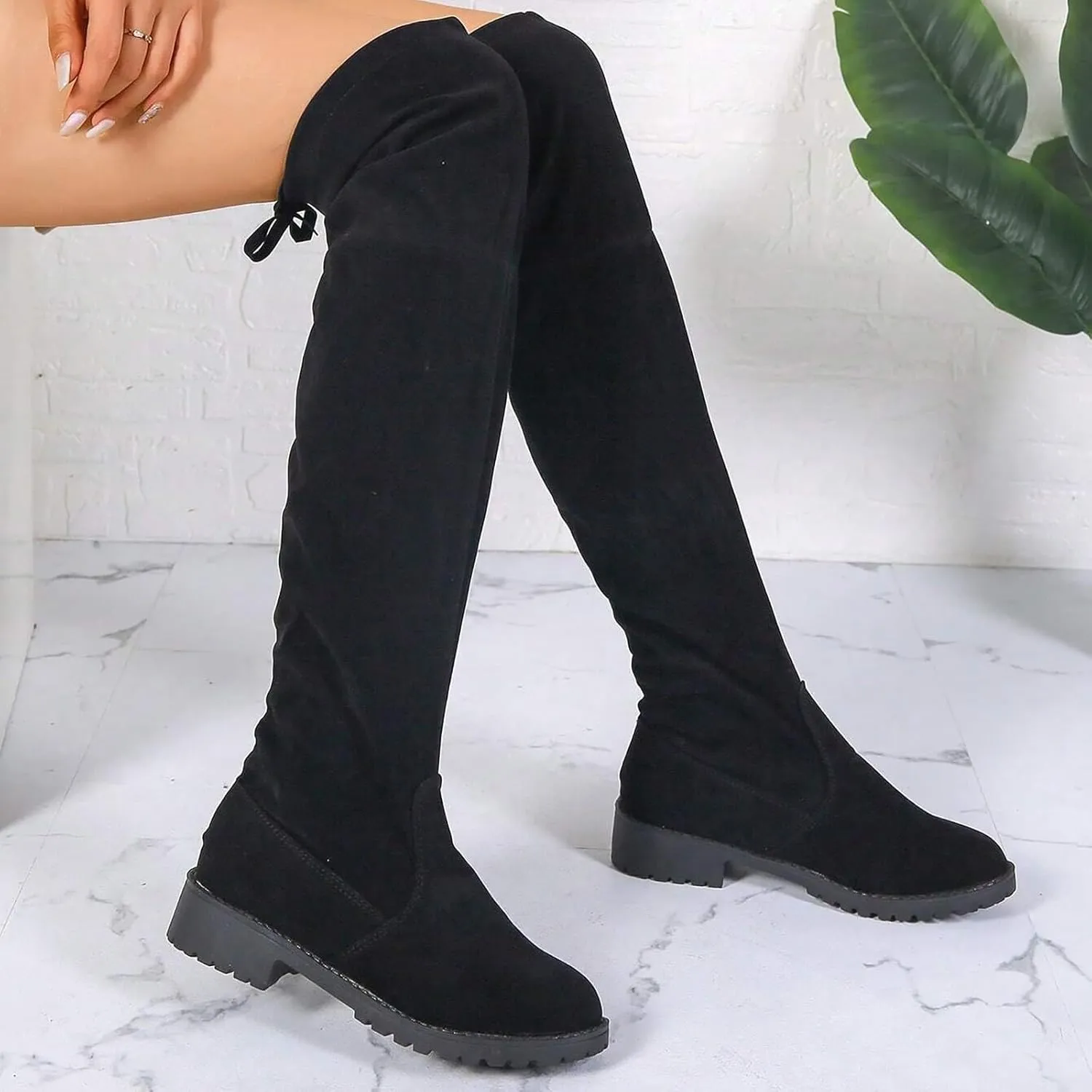 fabalshop Women's Thigh High Boots Over-The-Knee Boots Stretchy Knit Round Toe Knee High Boots Black Stretch Suede Mid Chunky Heel Platform Boots Wide Calf Fashion Long Fall Winter Boots