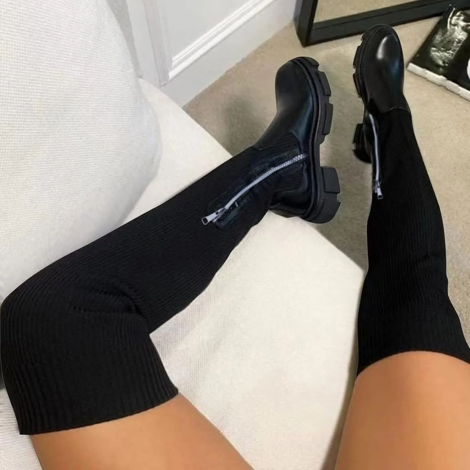 fabalshop Women's Thigh High Boots Over-The-Knee Boots Stretchy Knit Round Toe Knee High Boots Black Stretch Suede Mid Chunky Heel Platform Boots Wide Calf Fashion Long Fall Winter Boots