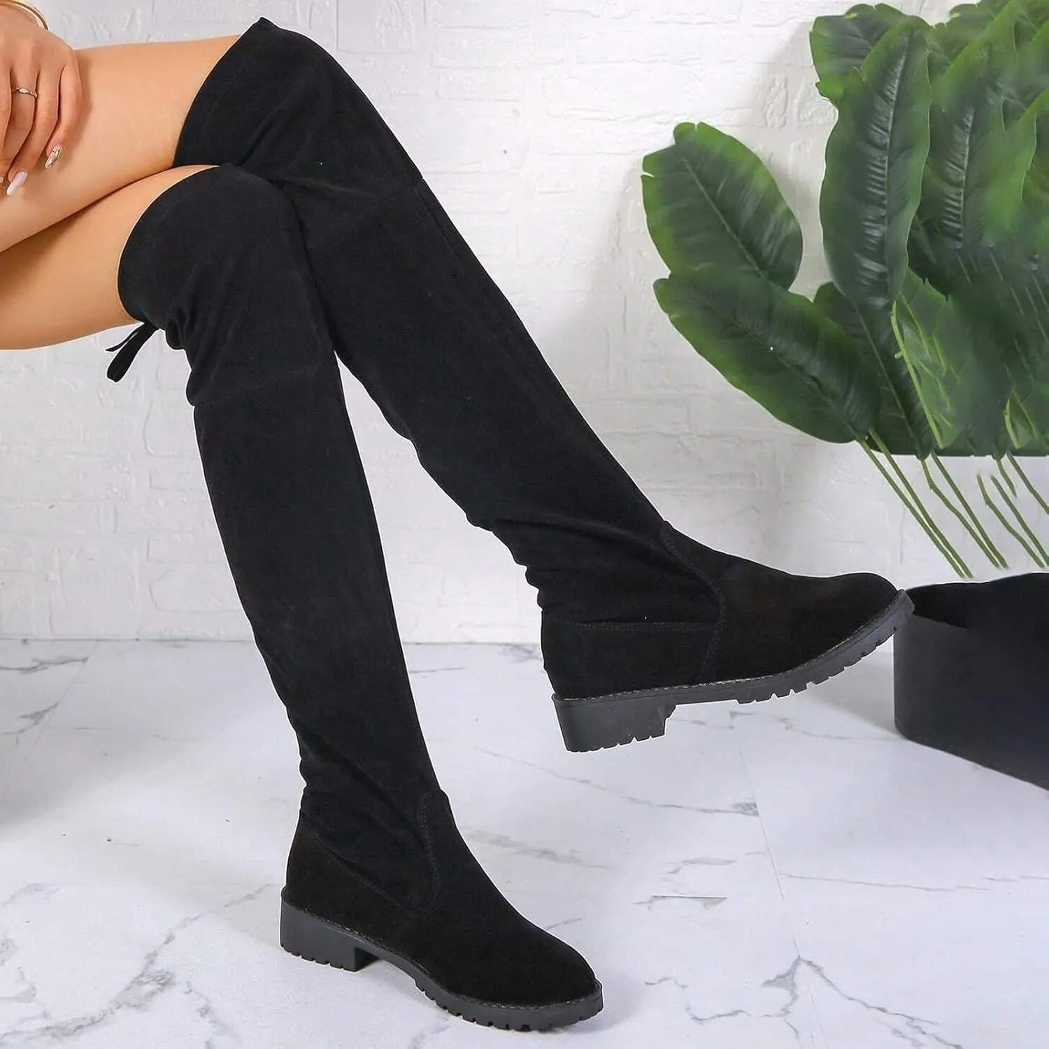 fabalshop Women's Thigh High Boots Over-The-Knee Boots Stretchy Knit Round Toe Knee High Boots Black Stretch Suede Mid Chunky Heel Platform Boots Wide Calf Fashion Long Fall Winter Boots