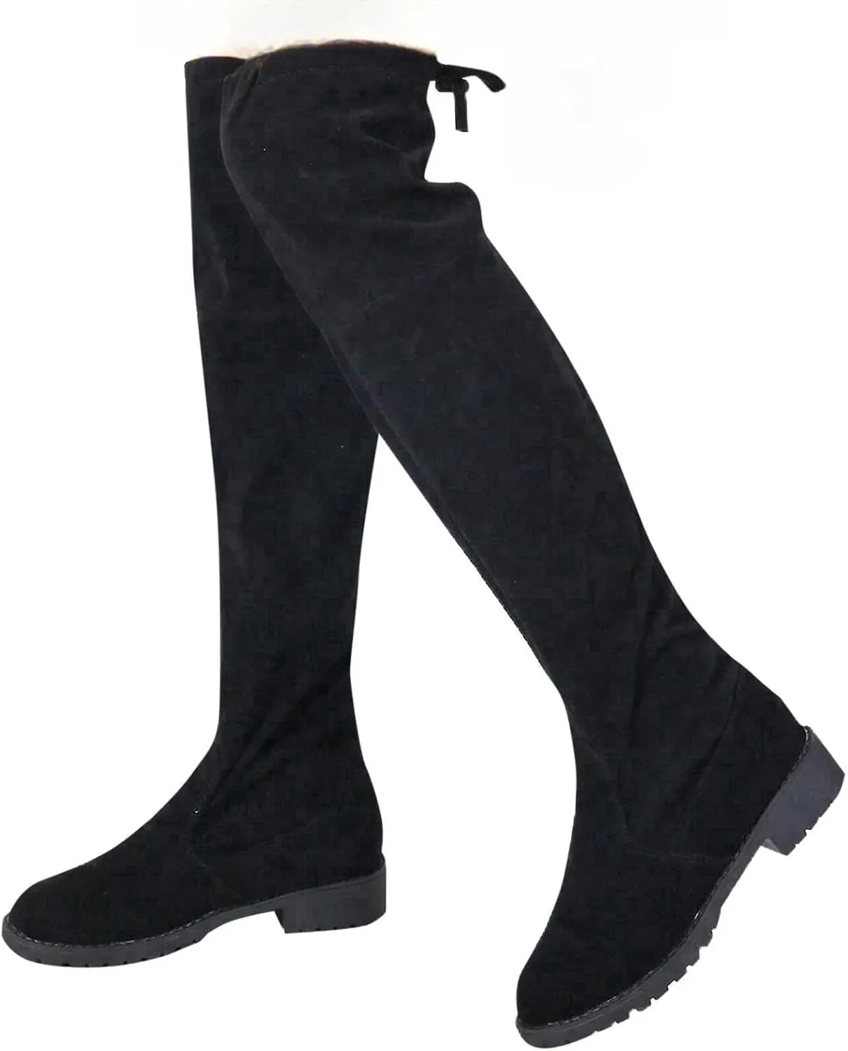 fabalshop Women's Thigh High Boots Over-The-Knee Boots Stretchy Knit Round Toe Knee High Boots Black Stretch Suede Mid Chunky Heel Platform Boots Wide Calf Fashion Long Fall Winter Boots