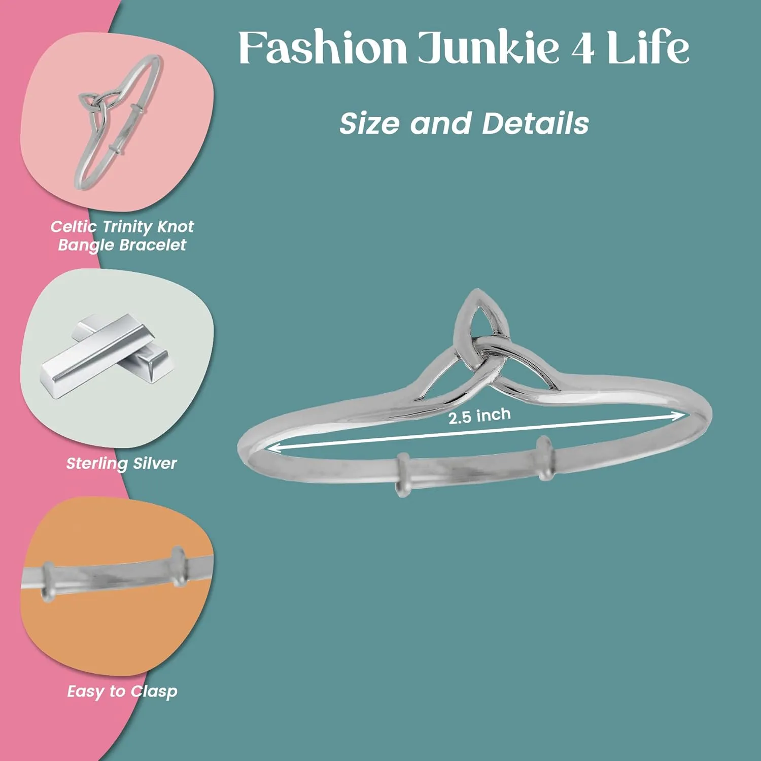 FashionJunkie4Life 925 Sterling Silver Irish Claddagh Celtic Knot Bangle Bracelet