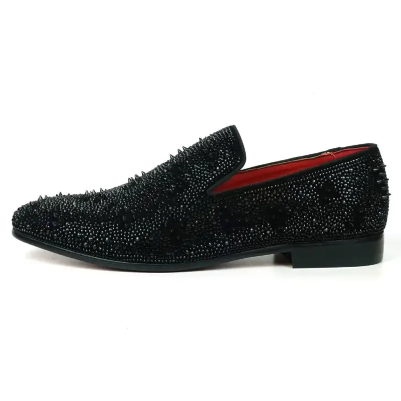 Fiesso FI-7516 Black Suede Rhinestones Spikes Slip on Loafers