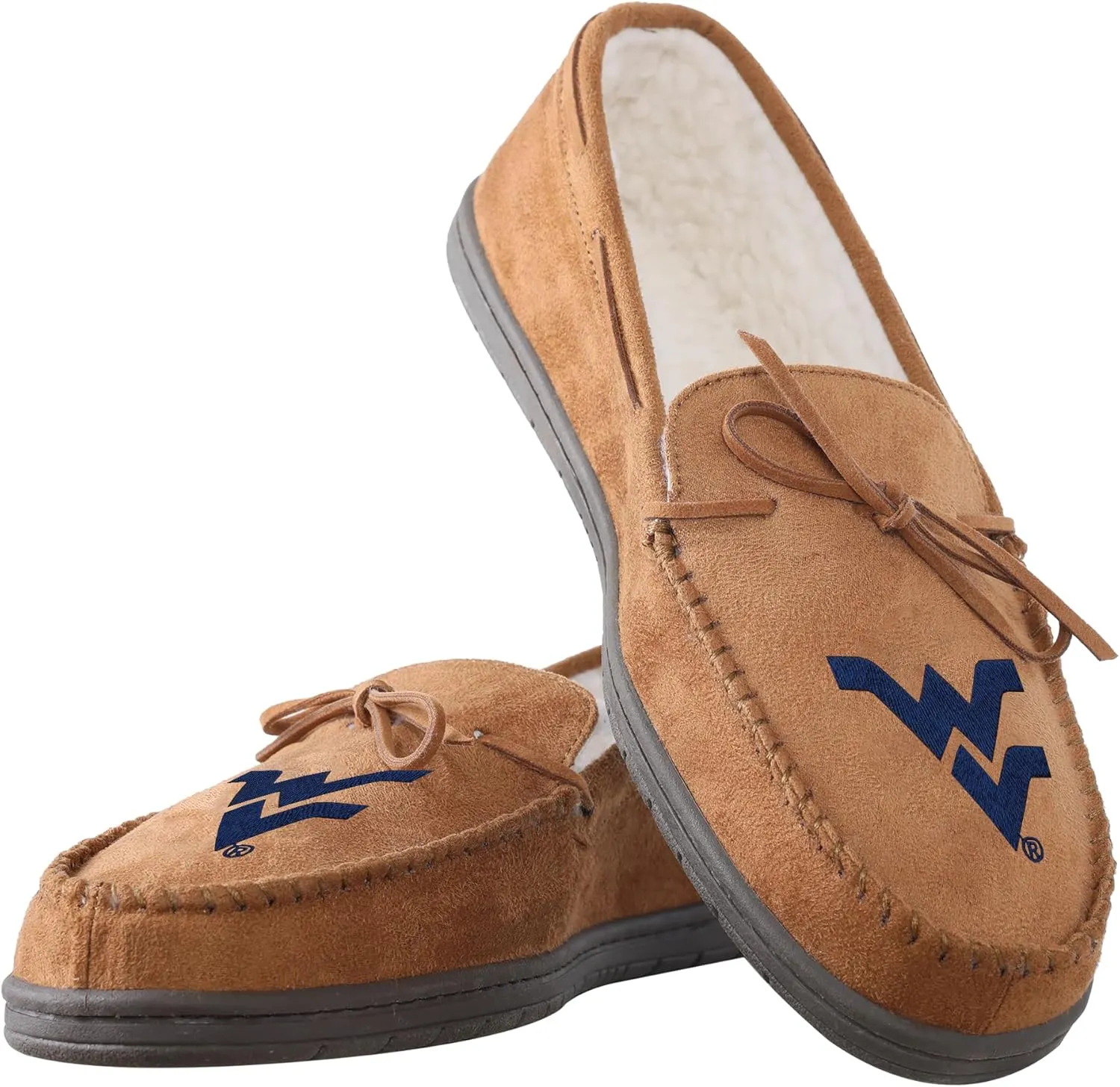 FOCO NCAA West Virginia Mountaineers Mens College Team Logo Moccasin Slippers, Tan, Small (7-8)