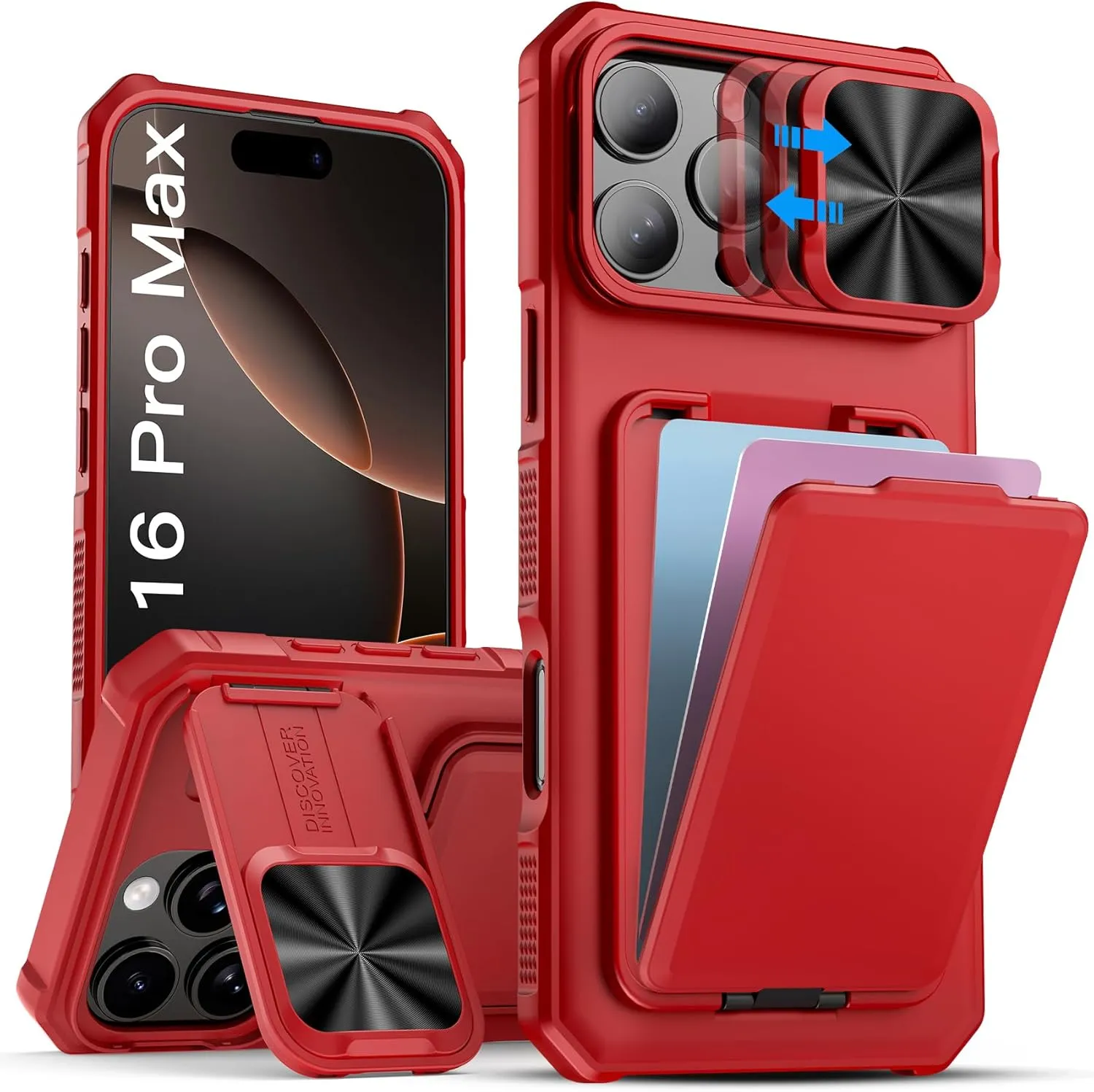 for iPhone 16 Pro Max Case with Credit Card Holder & Lens Cover Stand & Kickstand, Multi Functional TPU Sturdy Protective Wallet Case Cover for iPhone 16 Pro Max 6.9'' 5G, Red