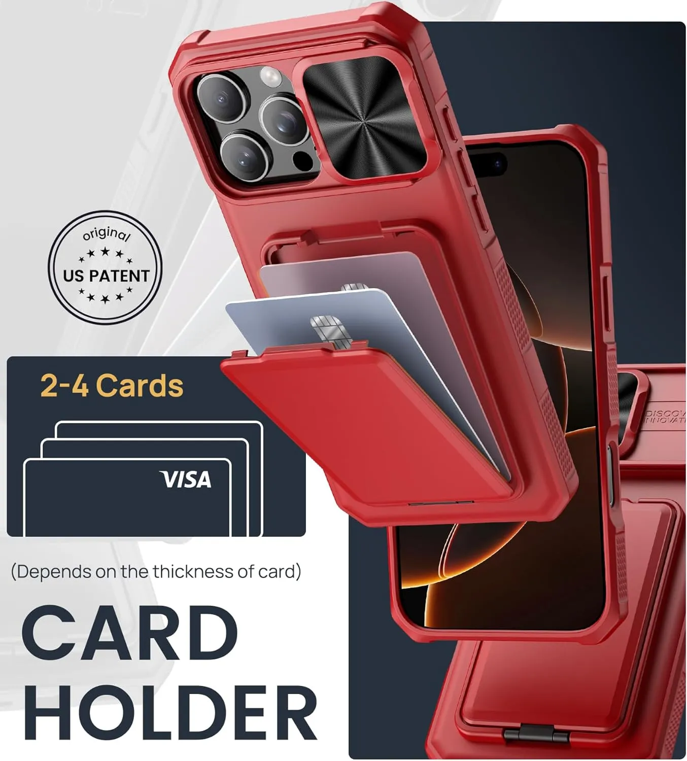 for iPhone 16 Pro Max Case with Credit Card Holder & Lens Cover Stand & Kickstand, Multi Functional TPU Sturdy Protective Wallet Case Cover for iPhone 16 Pro Max 6.9'' 5G, Red