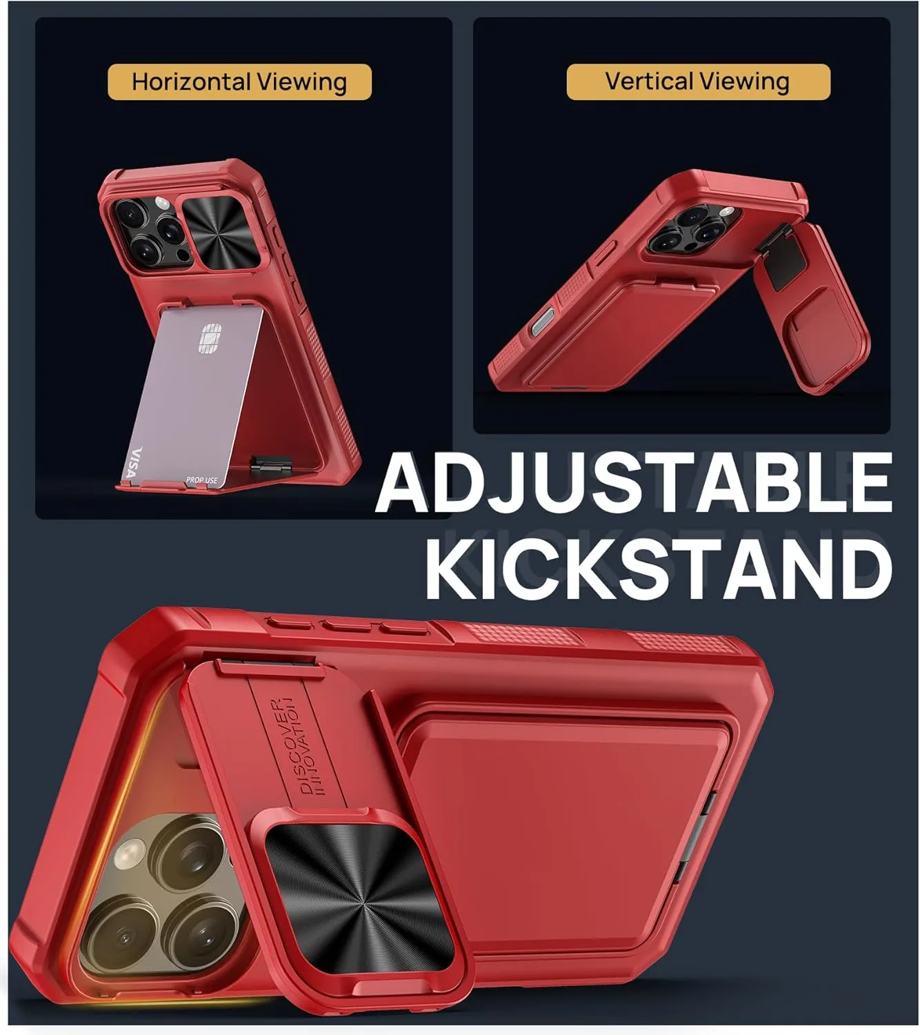 for iPhone 16 Pro Max Case with Credit Card Holder & Lens Cover Stand & Kickstand, Multi Functional TPU Sturdy Protective Wallet Case Cover for iPhone 16 Pro Max 6.9'' 5G, Red