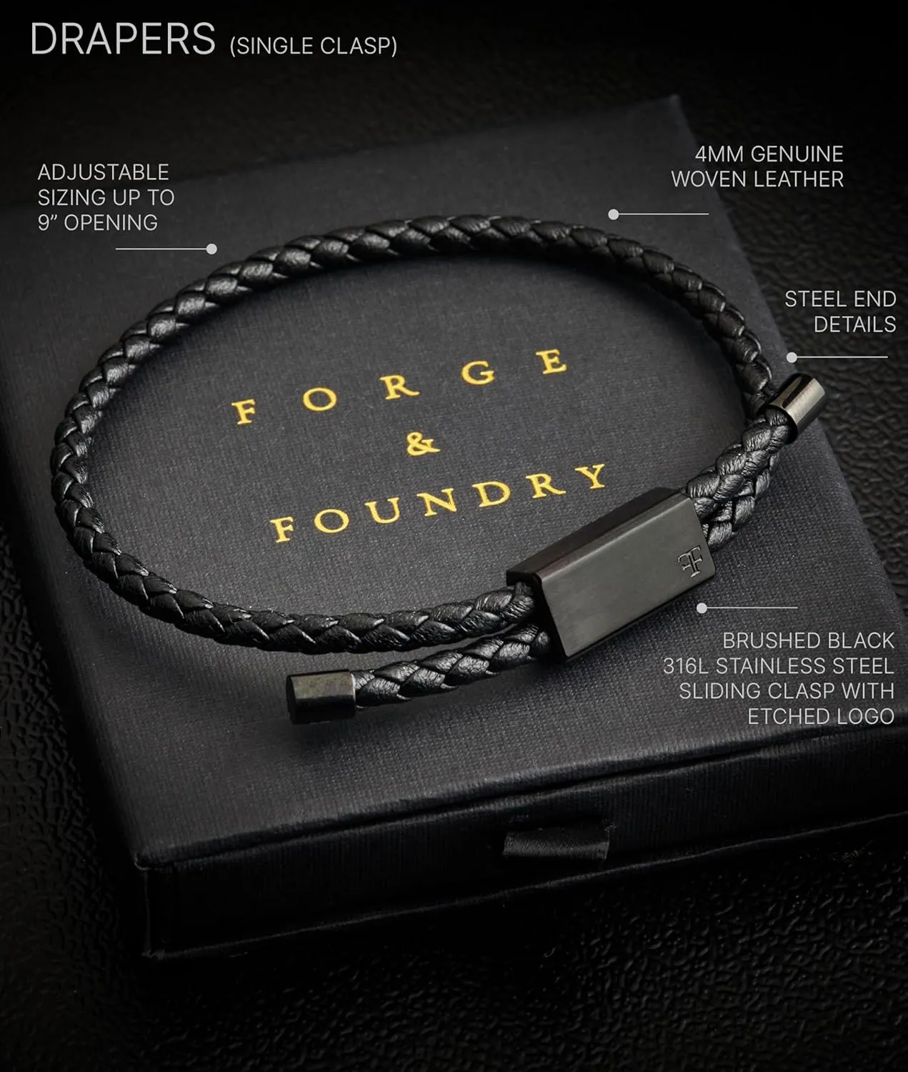 Forge & Foundry Men's Adjustable Black Braided Leather Bracelet | Drapers | Matte Black Stainless Steel Slider | Refined Hand-Crafted Jewelry, Designed by Jewelers, Forged for Men