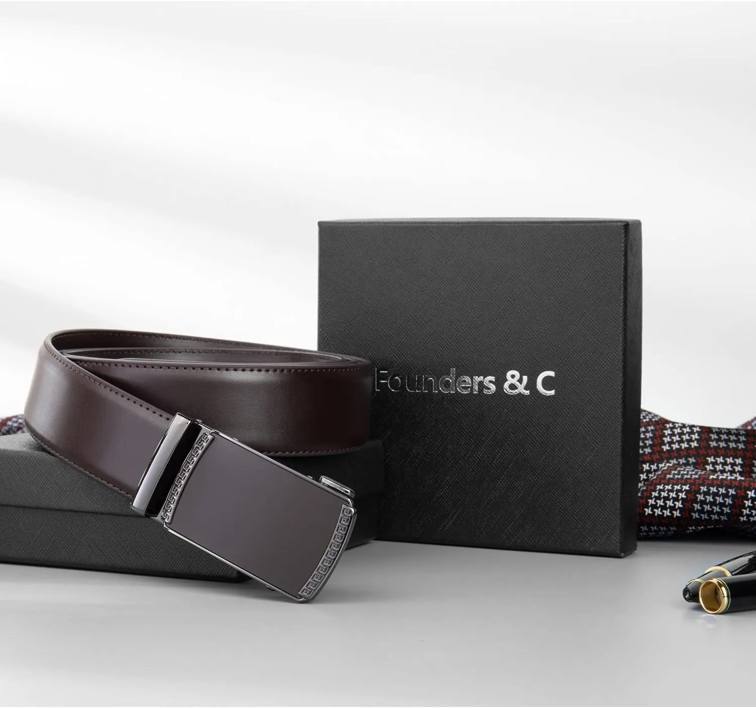Founders & C Men's Leather Ratchet Comfort Click Belt Dress with Slide Buckle -Adjustable Trim to Fit