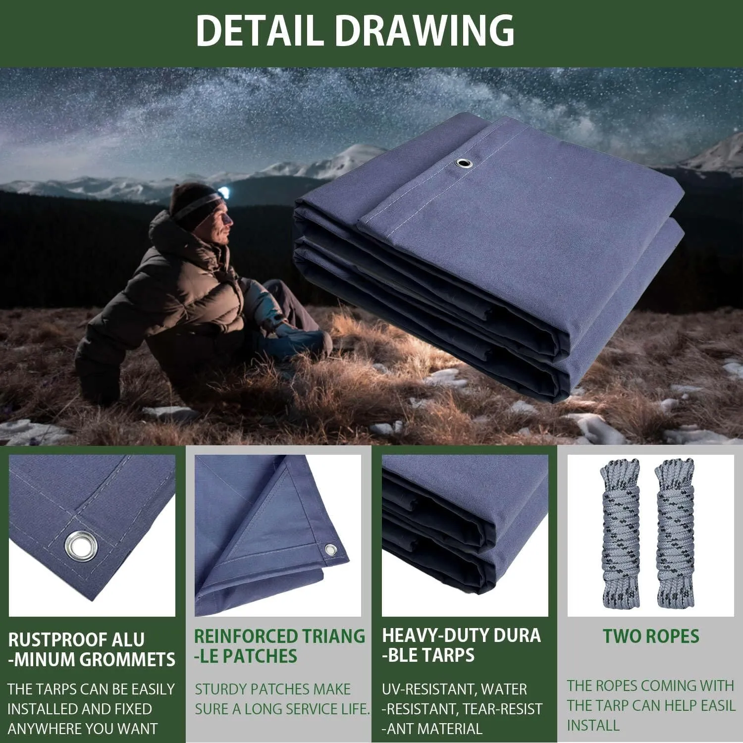 FoundGo Canvas Tarp 10x12ft Heavy Duty Waterresistant Tarps with Grommets, UV Resistant, 22 Mil Tarpaulin,14 oz Durable Cloth Covers for Car, Roof, Boat, Camp, Canopy, Woodpile with Ropes-Blue