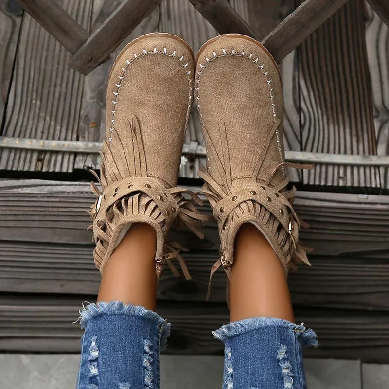 Fringe Buckle Ankle Boots | Boho Chic Style | Faux Suede