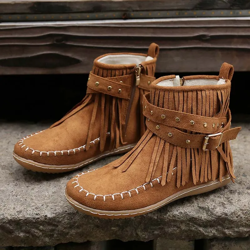 Fringe Buckle Ankle Boots | Boho Chic Style | Faux Suede