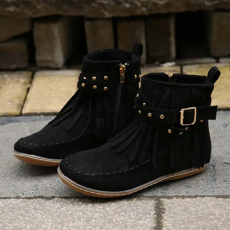 Fringe Buckle Ankle Boots | Boho Chic Style | Faux Suede