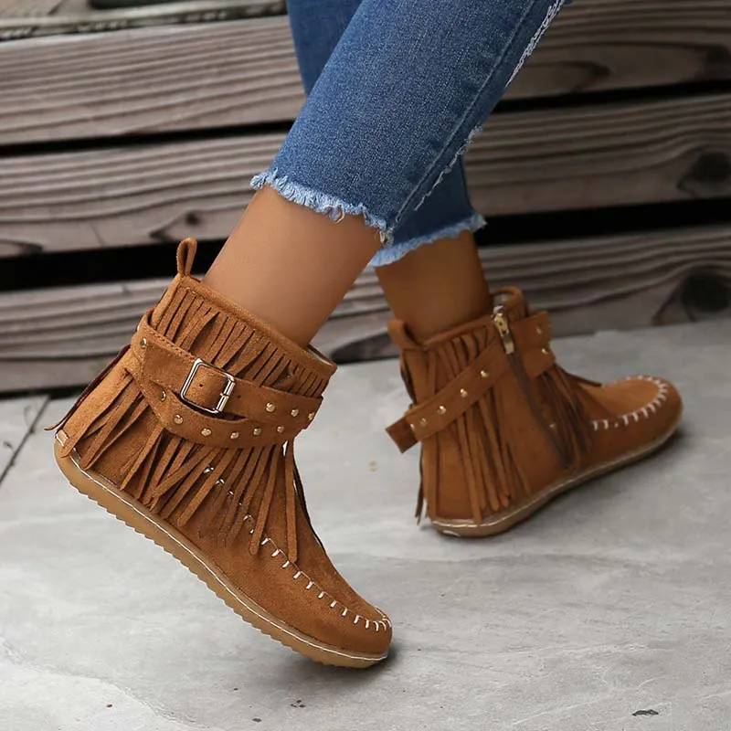 Fringe Buckle Ankle Boots | Boho Chic Style | Faux Suede