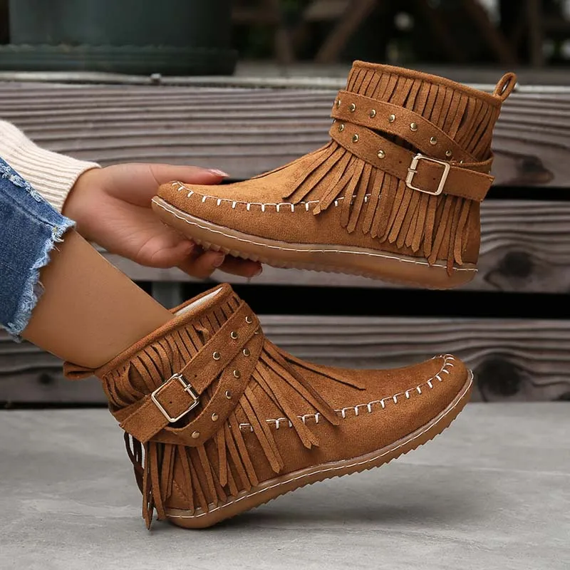 Fringe Buckle Ankle Boots | Boho Chic Style | Faux Suede