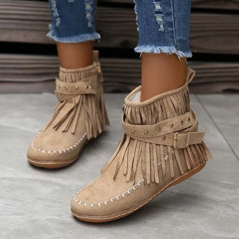 Fringe Buckle Ankle Boots | Boho Chic Style | Faux Suede